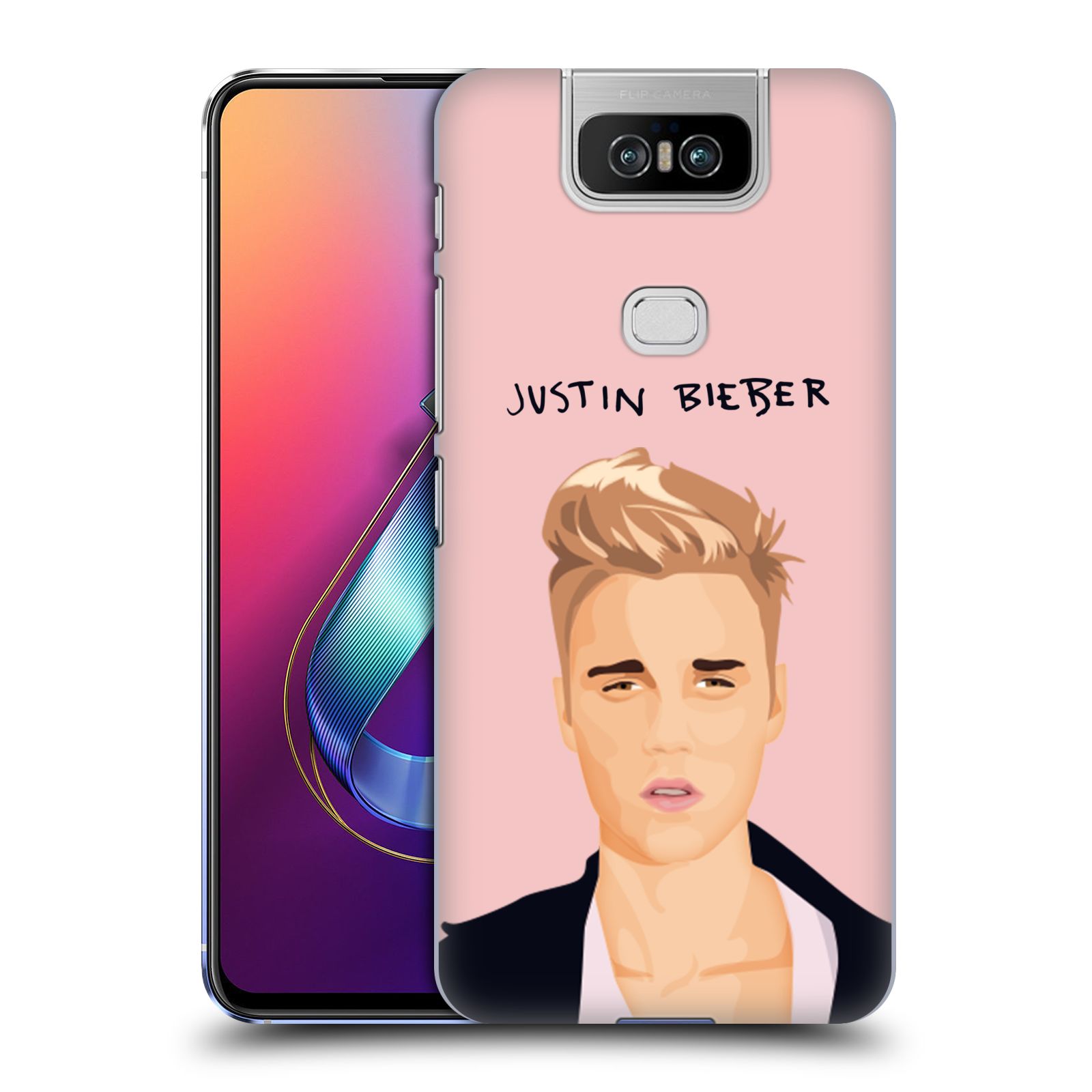 Pouzdro na mobil Asus Zenfone 6 ZS630KL - HEAD CASE - Justin Bieber kreslená tvář růžové pozadí