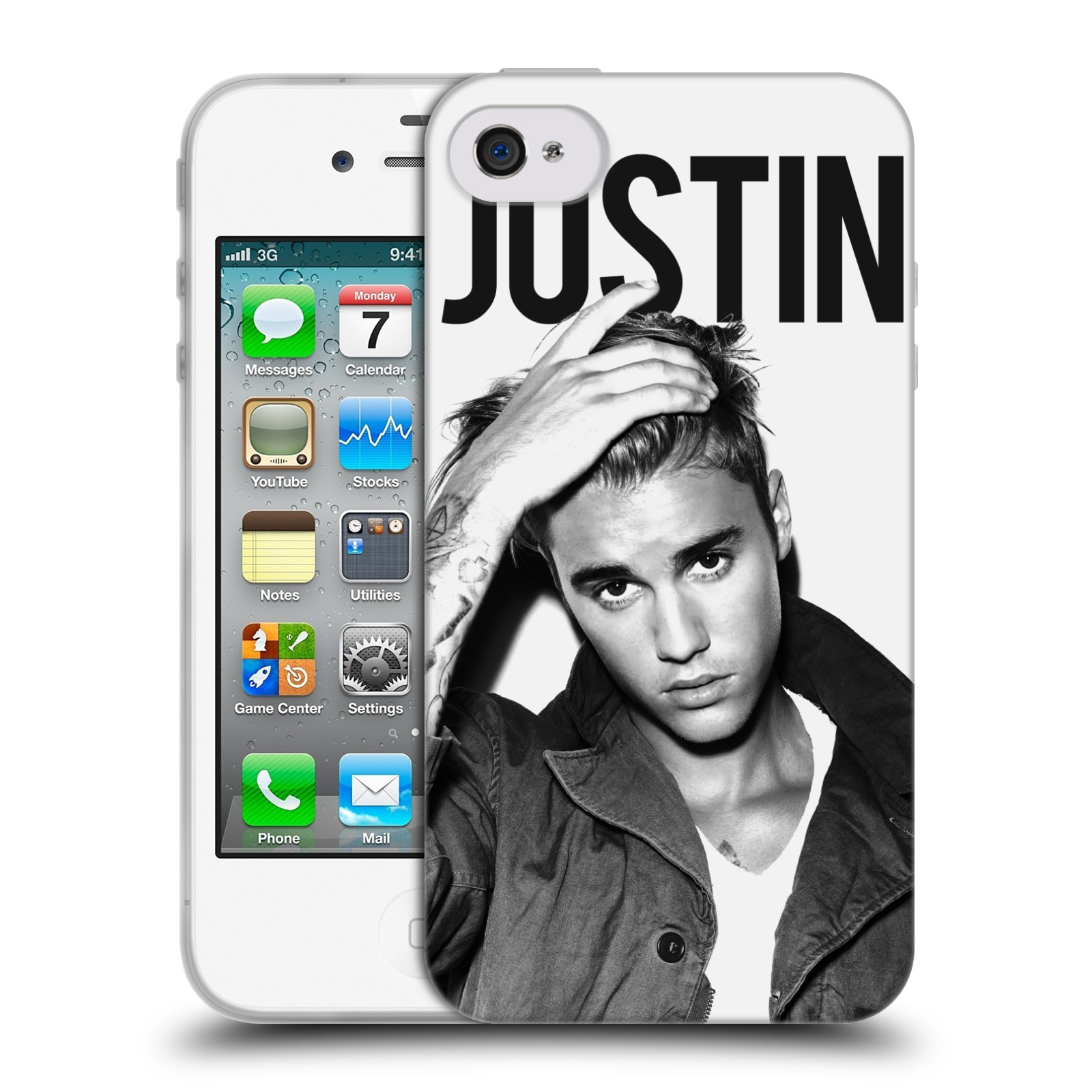 HEAD CASE silikonový obal na mobil Apple Iphone 4 / 4S originální potisk Justin Bieber póza černobílá