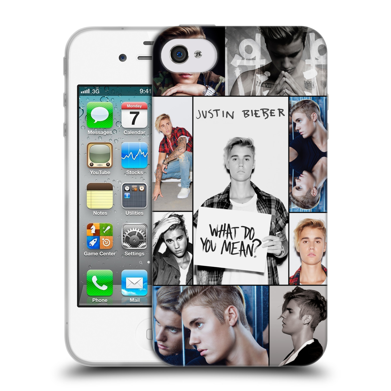 HEAD CASE silikonový obal na mobil Apple Iphone 4 / 4S originální potisk Justin Bieber foto koláž