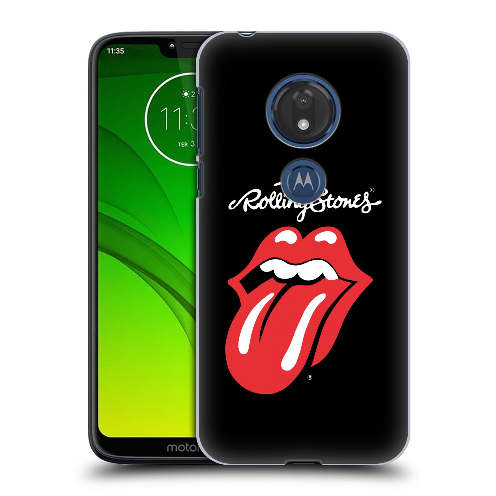 Pouzdro na mobil Motorola Moto G7 Play rocková skupina Rolling Stones znak černá a červená