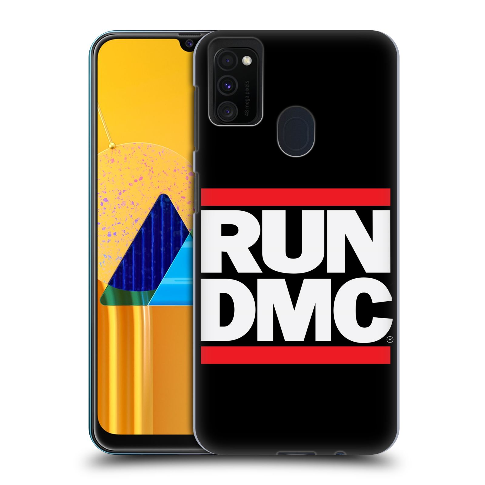 Zadní kryt na mobil Samsung Galaxy M21 rapová kapela Run DMC nadpis černé pozadí