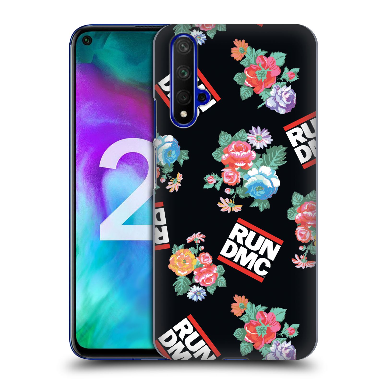 Pouzdro na mobil Honor 20 - HEAD CASE - rapová kapela Run DMC květiny černé pozadí
