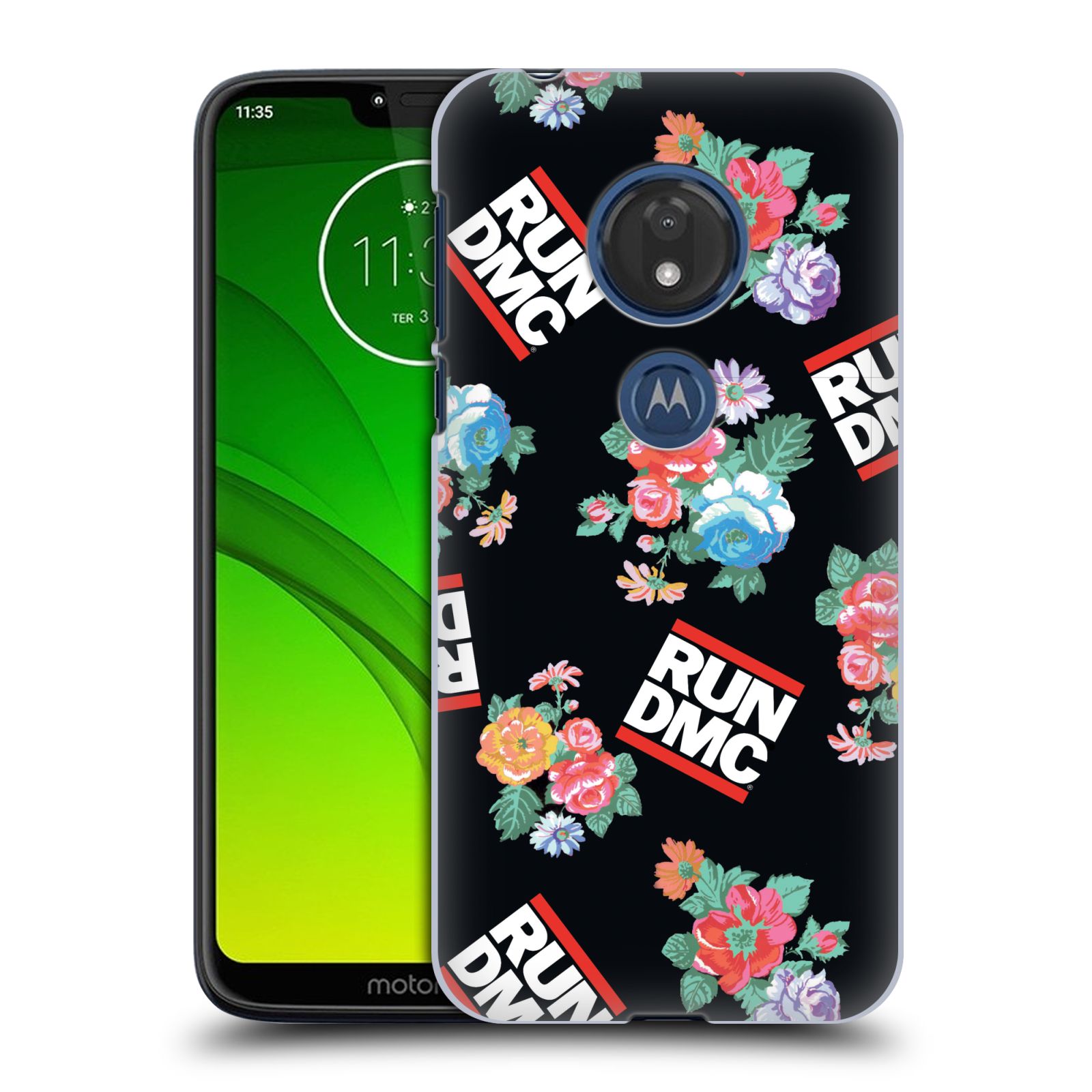 Pouzdro na mobil Motorola Moto G7 Play rapová kapela Run DMC květiny černé pozadí