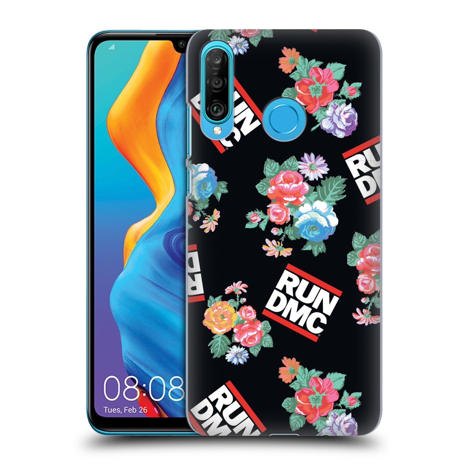Pouzdro na mobil Huawei P30 LITE - HEAD CASE - rapová kapela Run DMC květiny černé pozadí
