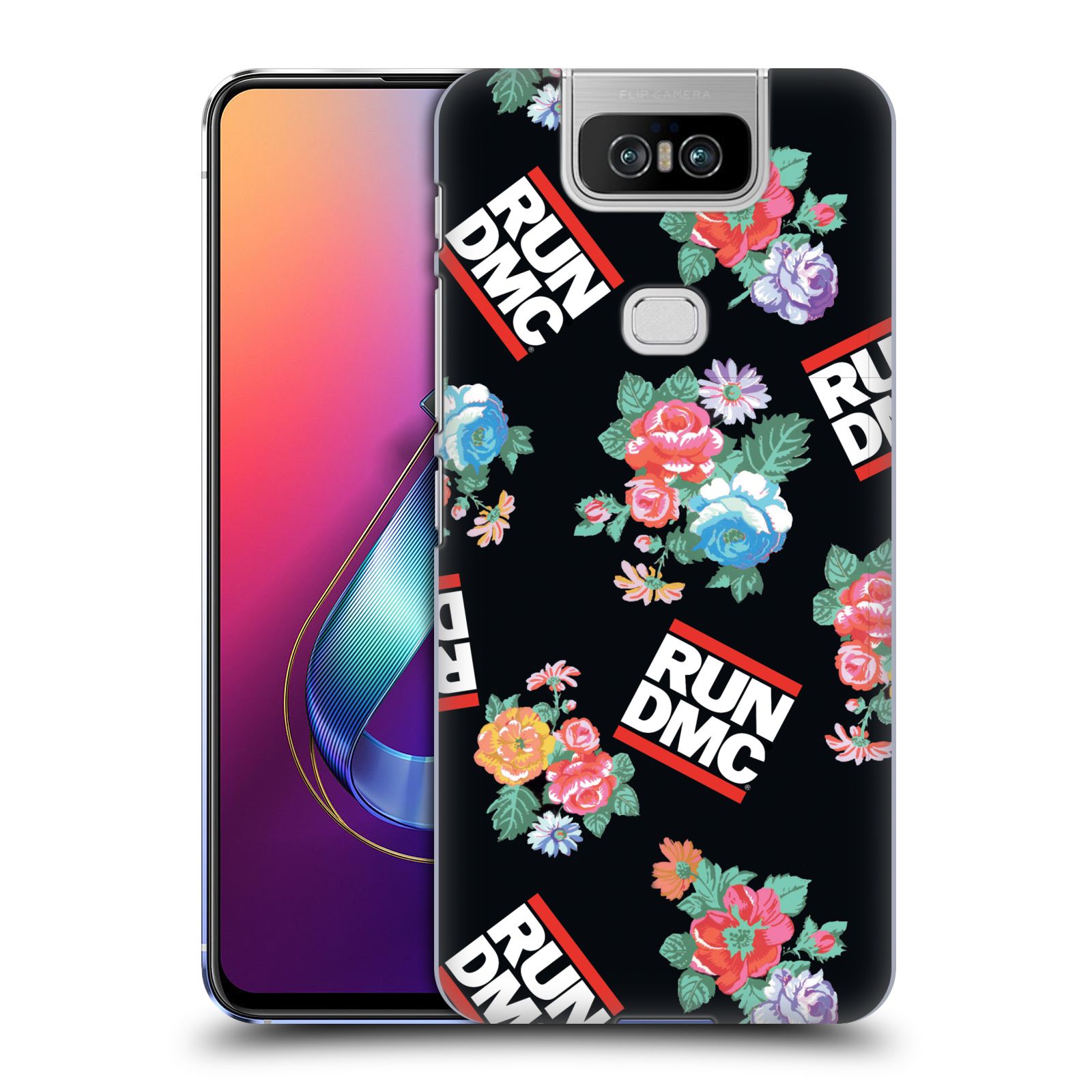 Pouzdro na mobil Asus Zenfone 6 ZS630KL - HEAD CASE - rapová kapela Run DMC květiny černé pozadí