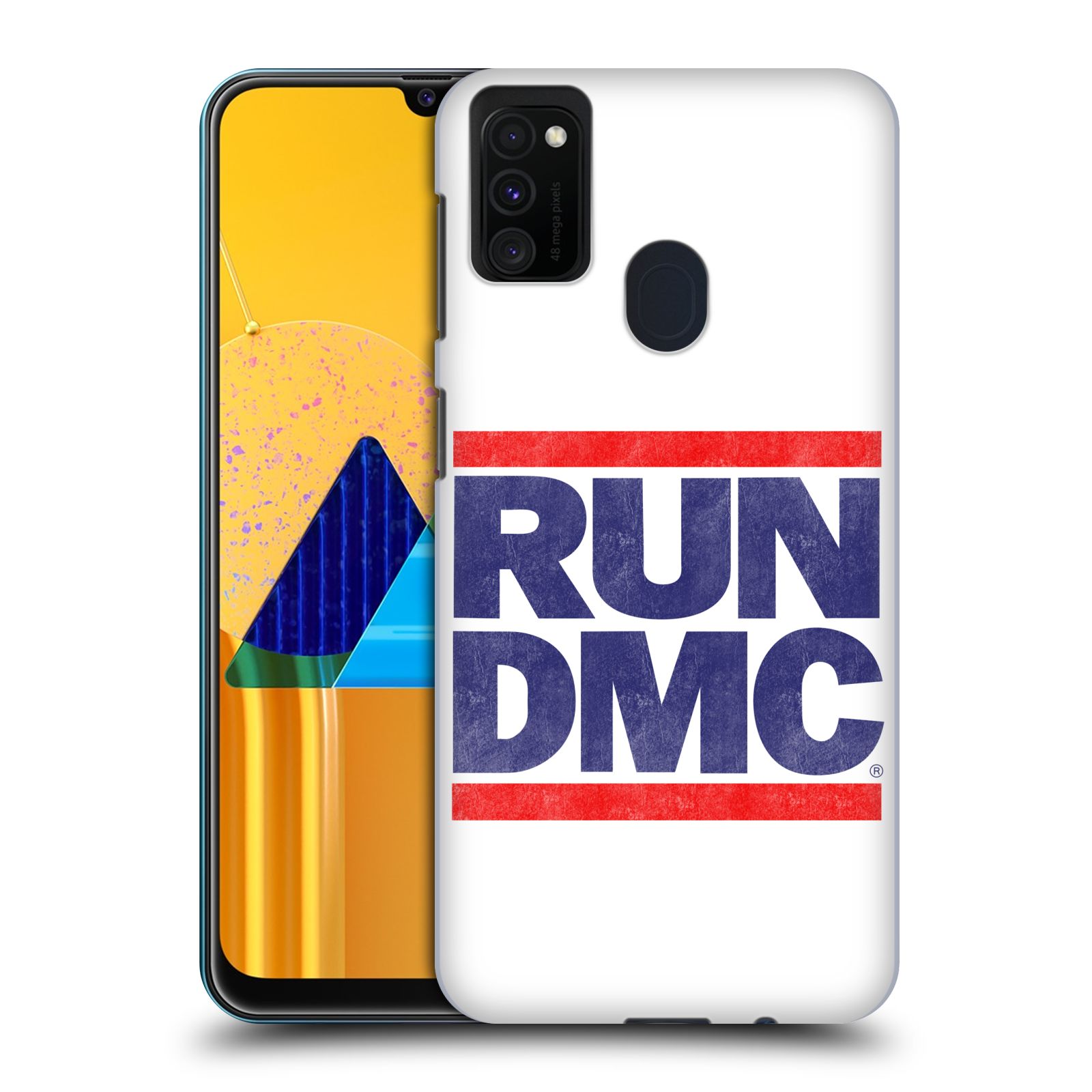 Zadní kryt na mobil Samsung Galaxy M21 rapová kapela Run DMC modrá a červená nadpis