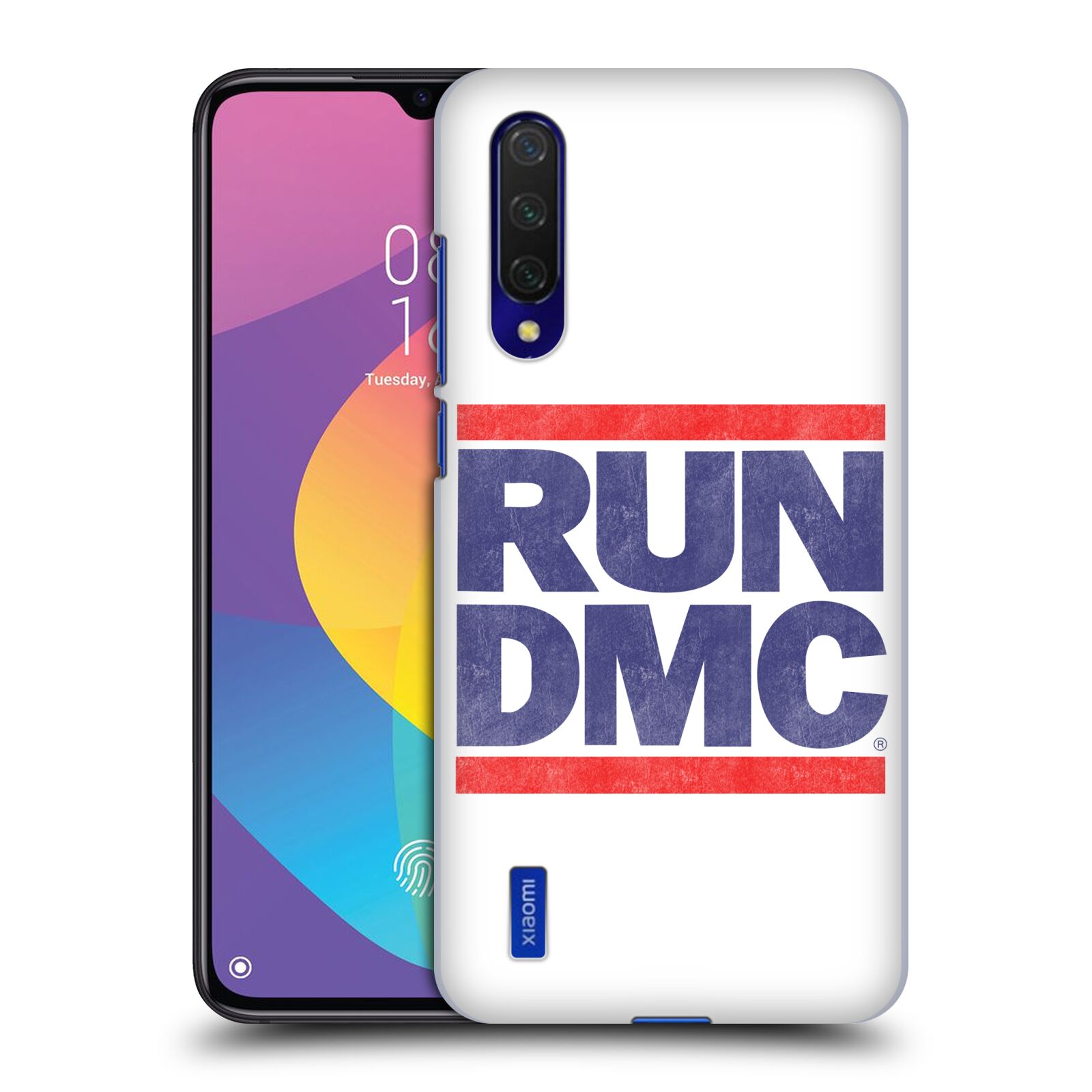 Zadní kryt na mobil Xiaomi MI 9 LITE rapová kapela Run DMC modrá a červená nadpis