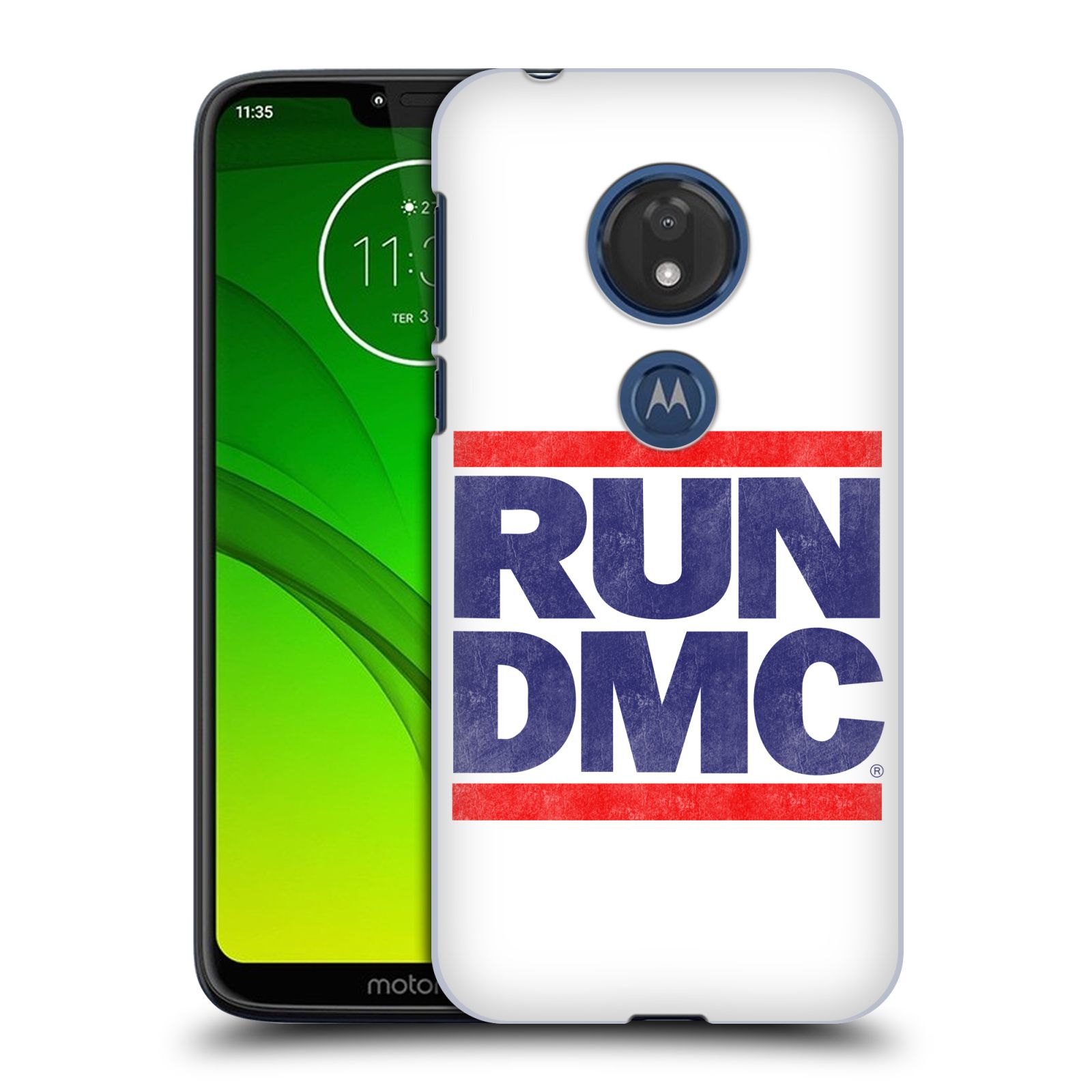 Pouzdro na mobil Motorola Moto G7 Play rapová kapela Run DMC modrá a červená nadpis