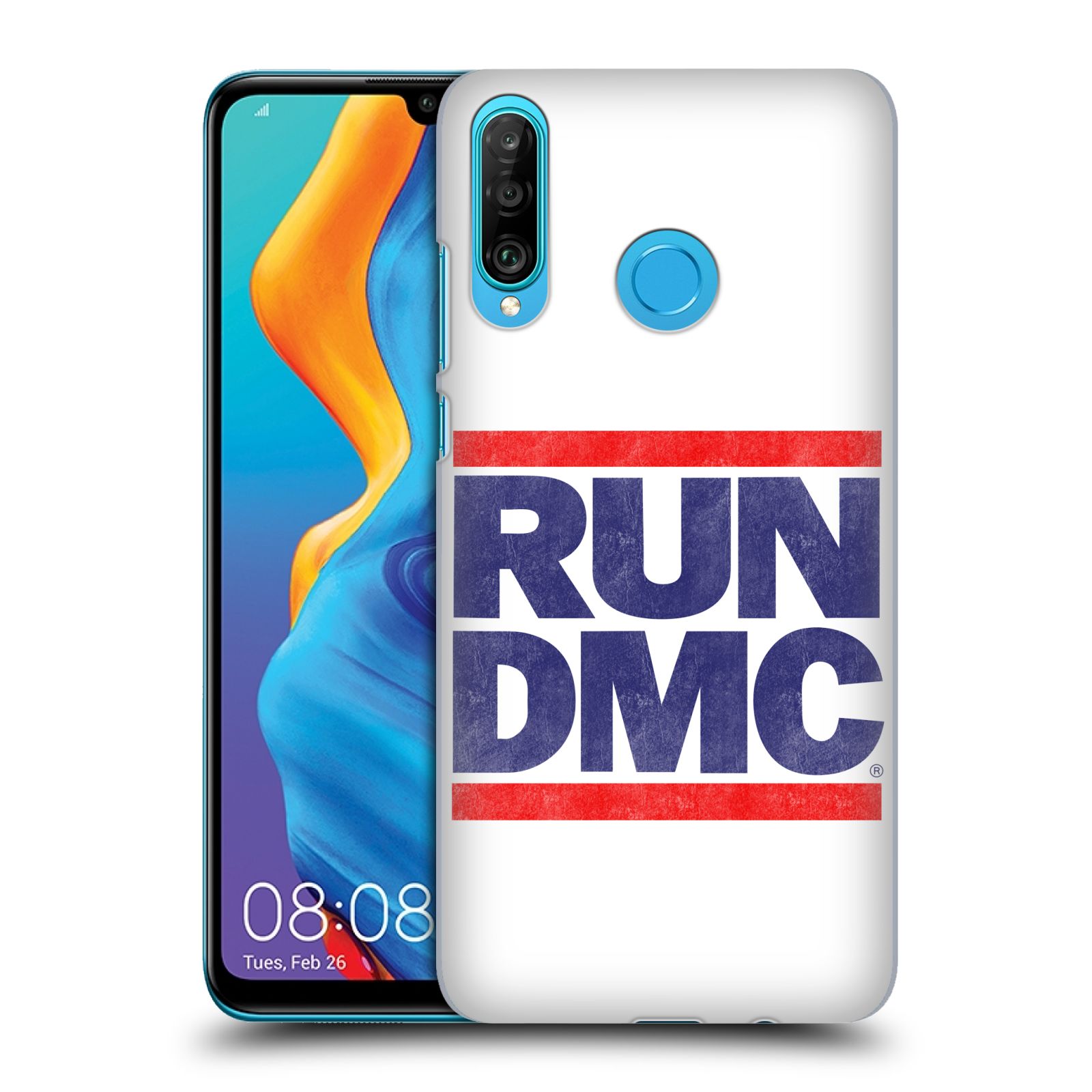 Pouzdro na mobil Huawei P30 LITE - HEAD CASE - rapová kapela Run DMC modrá a červená nadpis