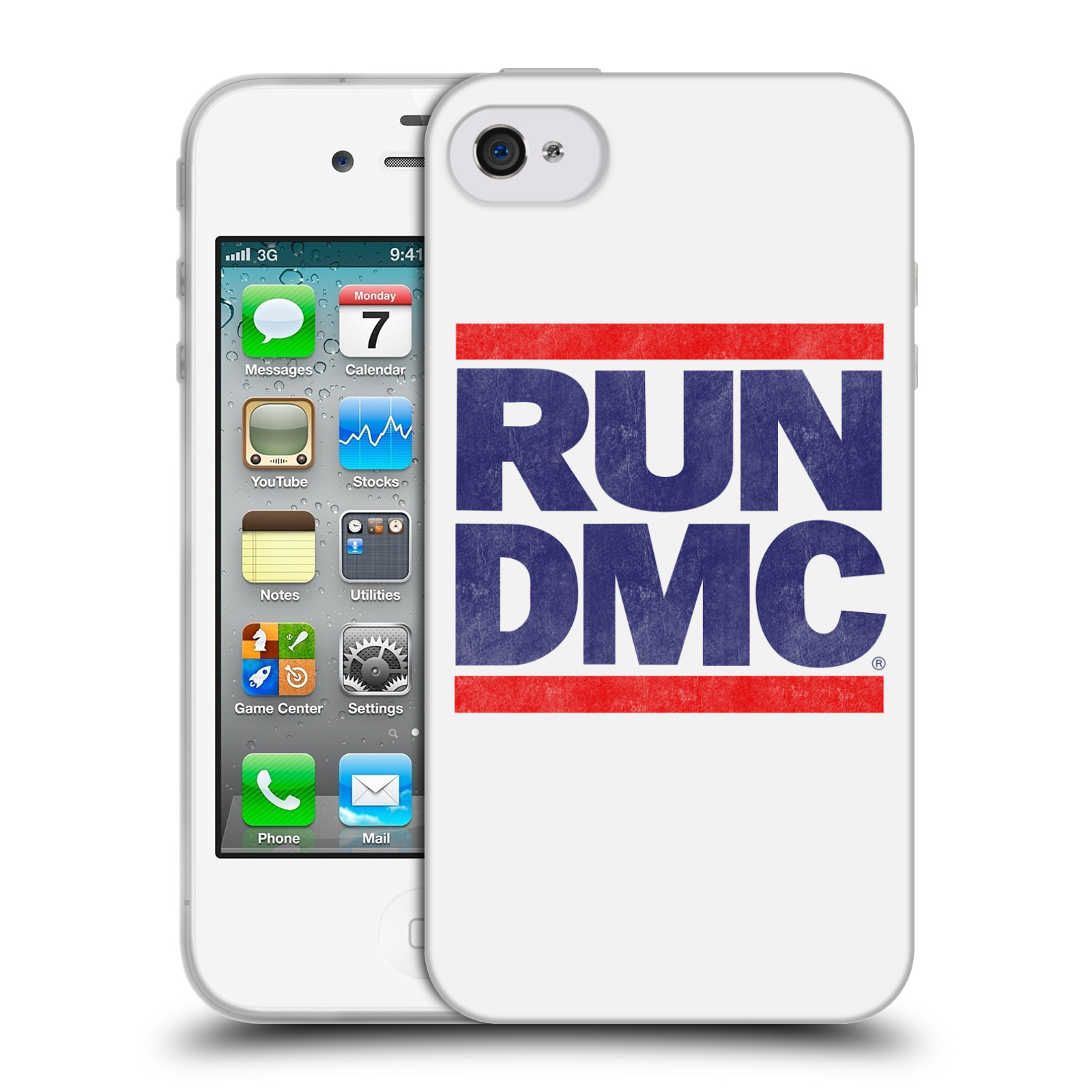 HEAD CASE silikonový obal na mobil Apple Iphone 4/4S rapová kapela Run DMC modrá a červená nadpis