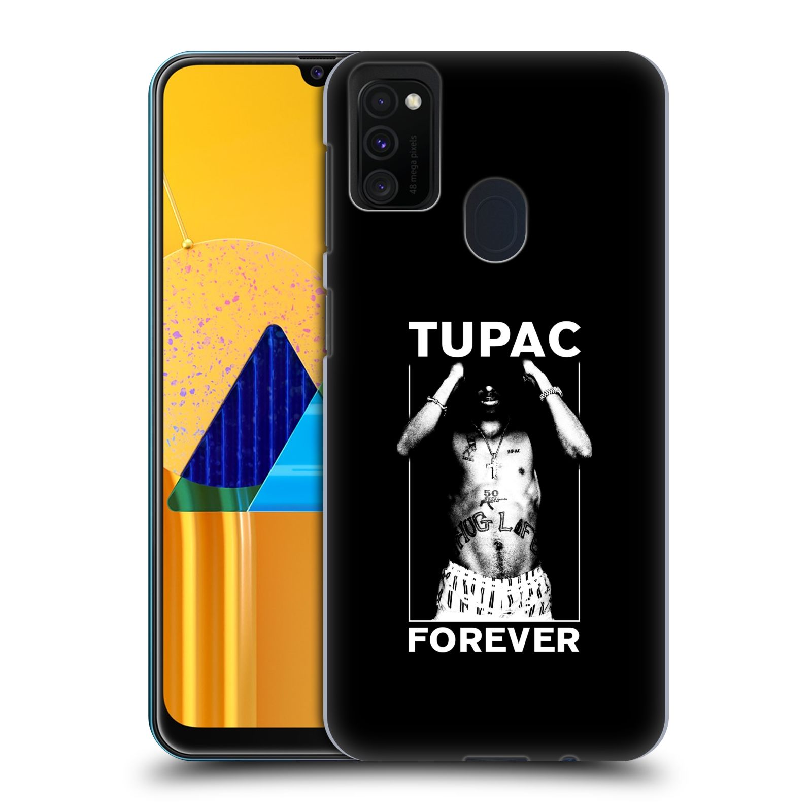 Zadní kryt na mobil Samsung Galaxy M21 Zpěvák rapper Tupac Shakur 2Pac bílý popisek FOREVER
