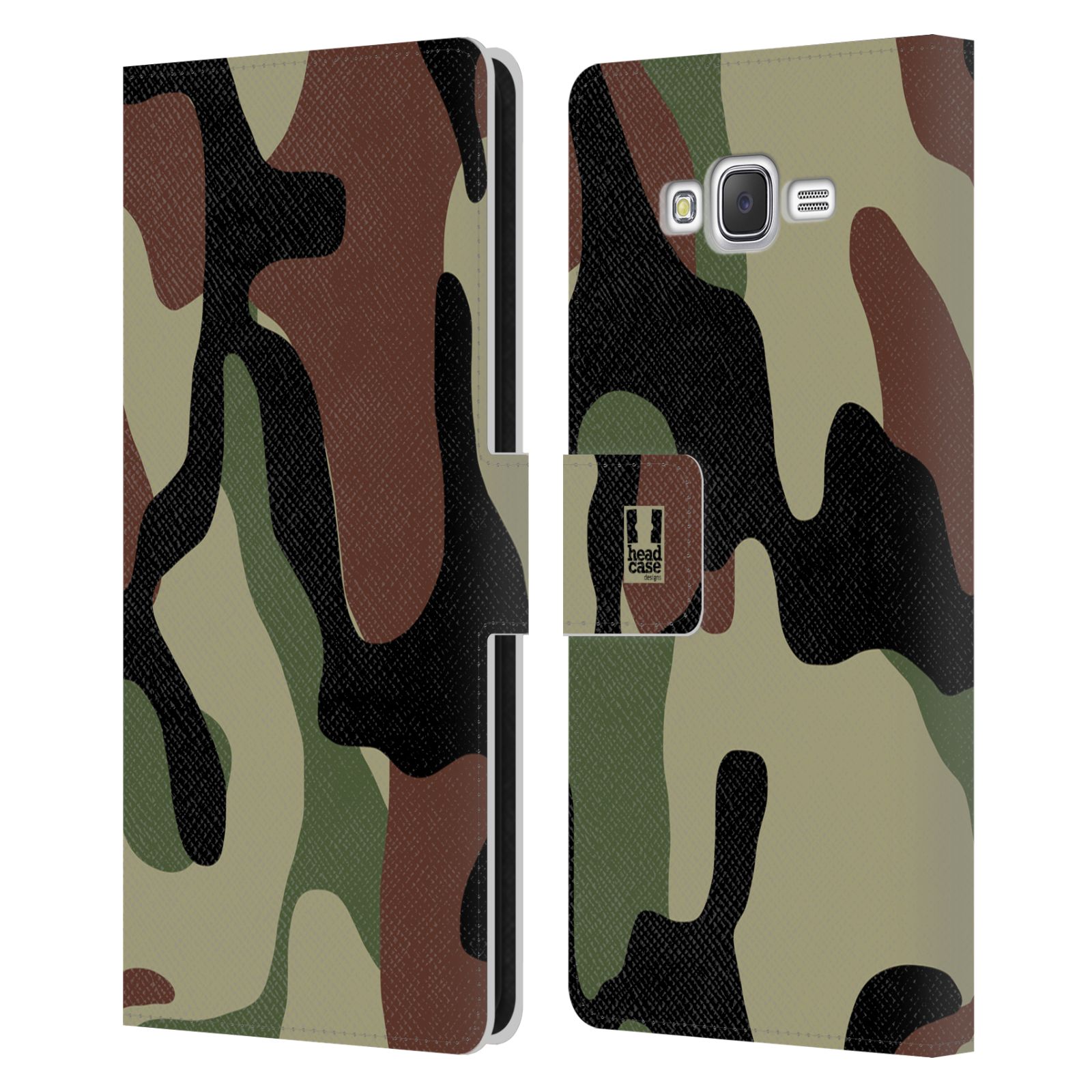 HEAD CASE Flipové pouzdro pro mobil Samsung Galaxy J7, J700 kamufláž les hnědá, černá a zelená