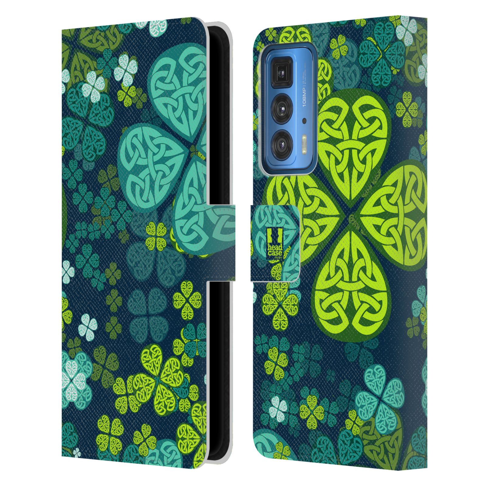 Pouzdro HEAD CASE na mobil Motorola EDGE 20 PRO čtyřlístek zářivě zelená keltský motiv