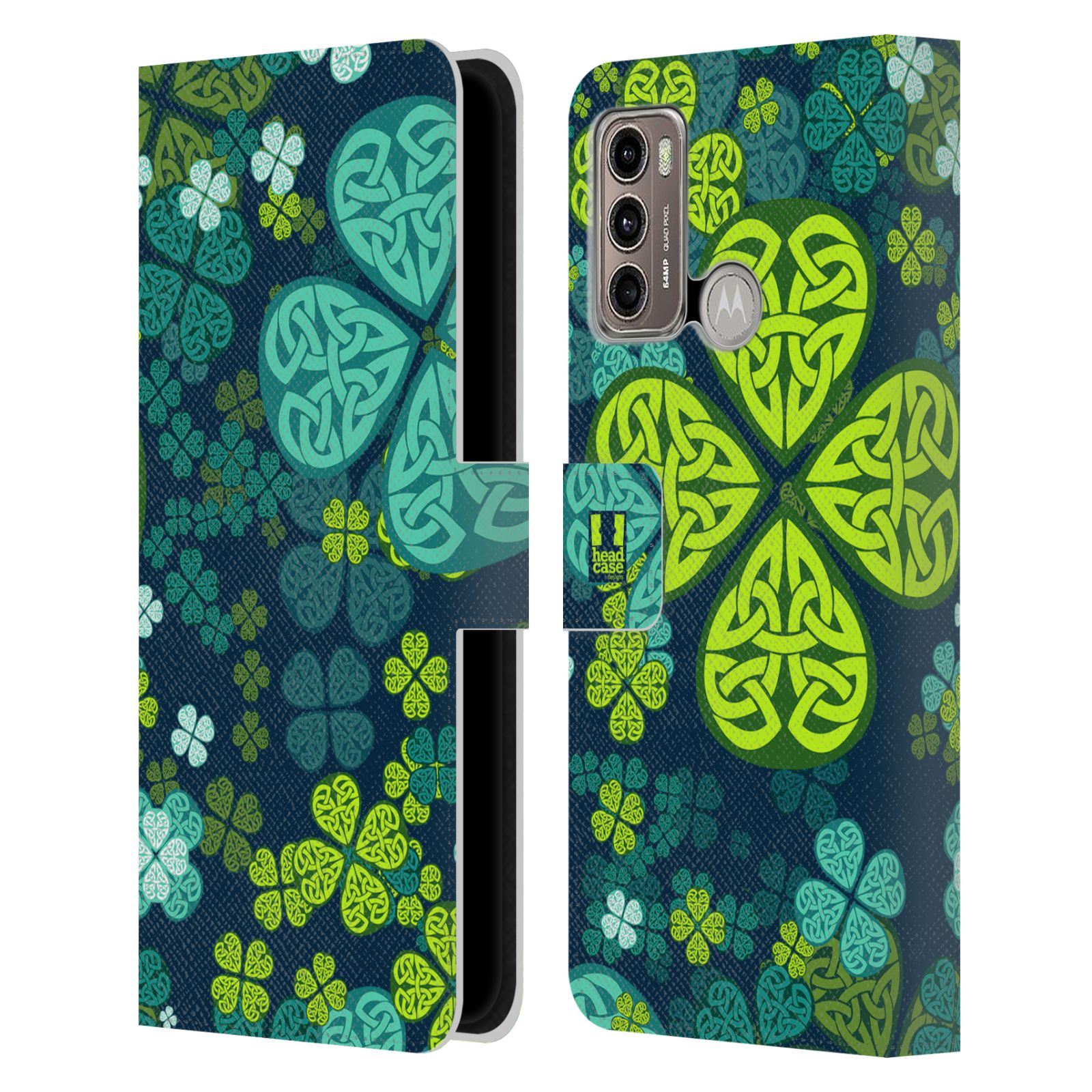 Pouzdro HEAD CASE na mobil Motorola Moto G60 čtyřlístek zářivě zelená keltský motiv