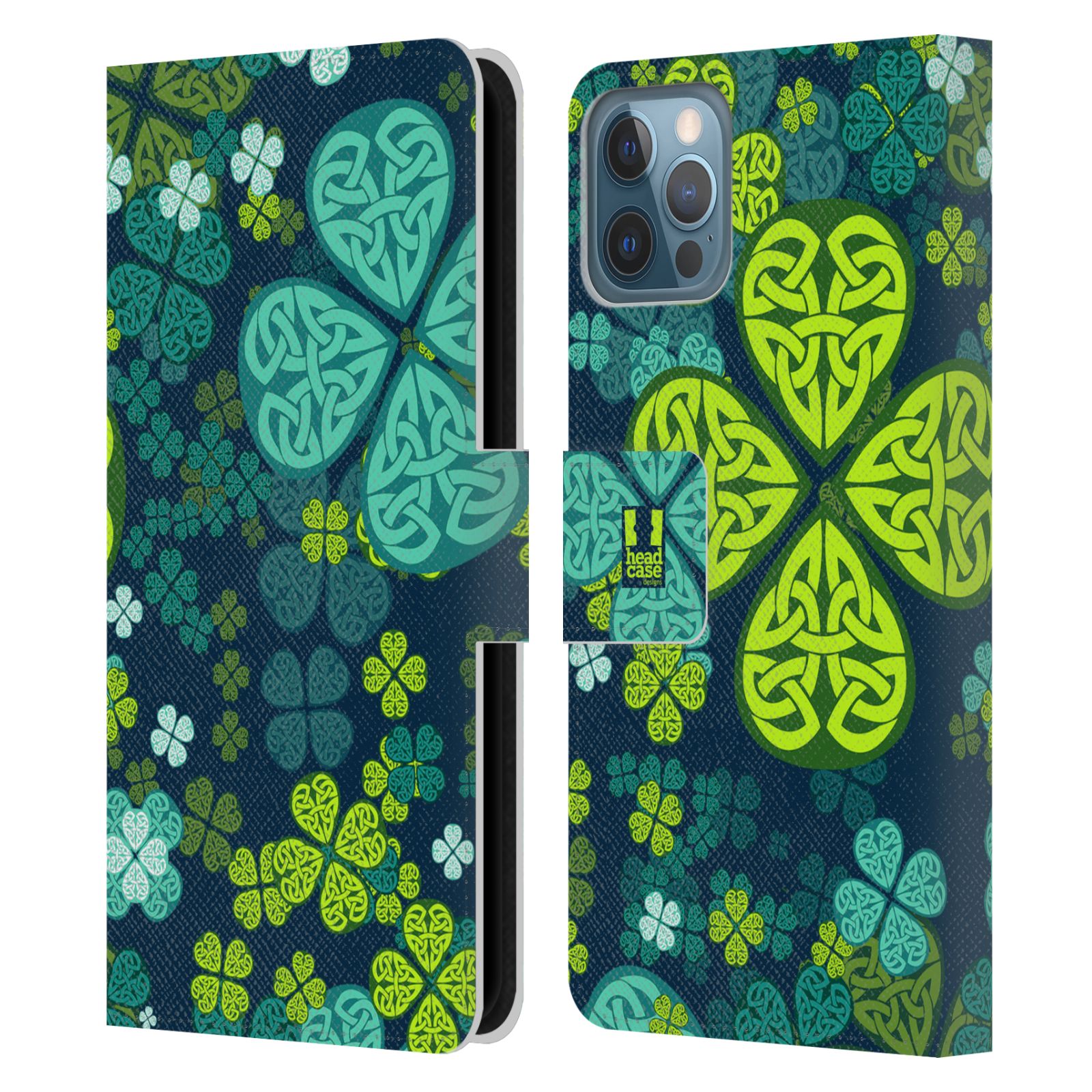 HEAD CASE Flipové pouzdro pro mobil Apple Iphone 12 / Iphone 12 PRO čtyřlístek zářivě zelená keltský motiv
