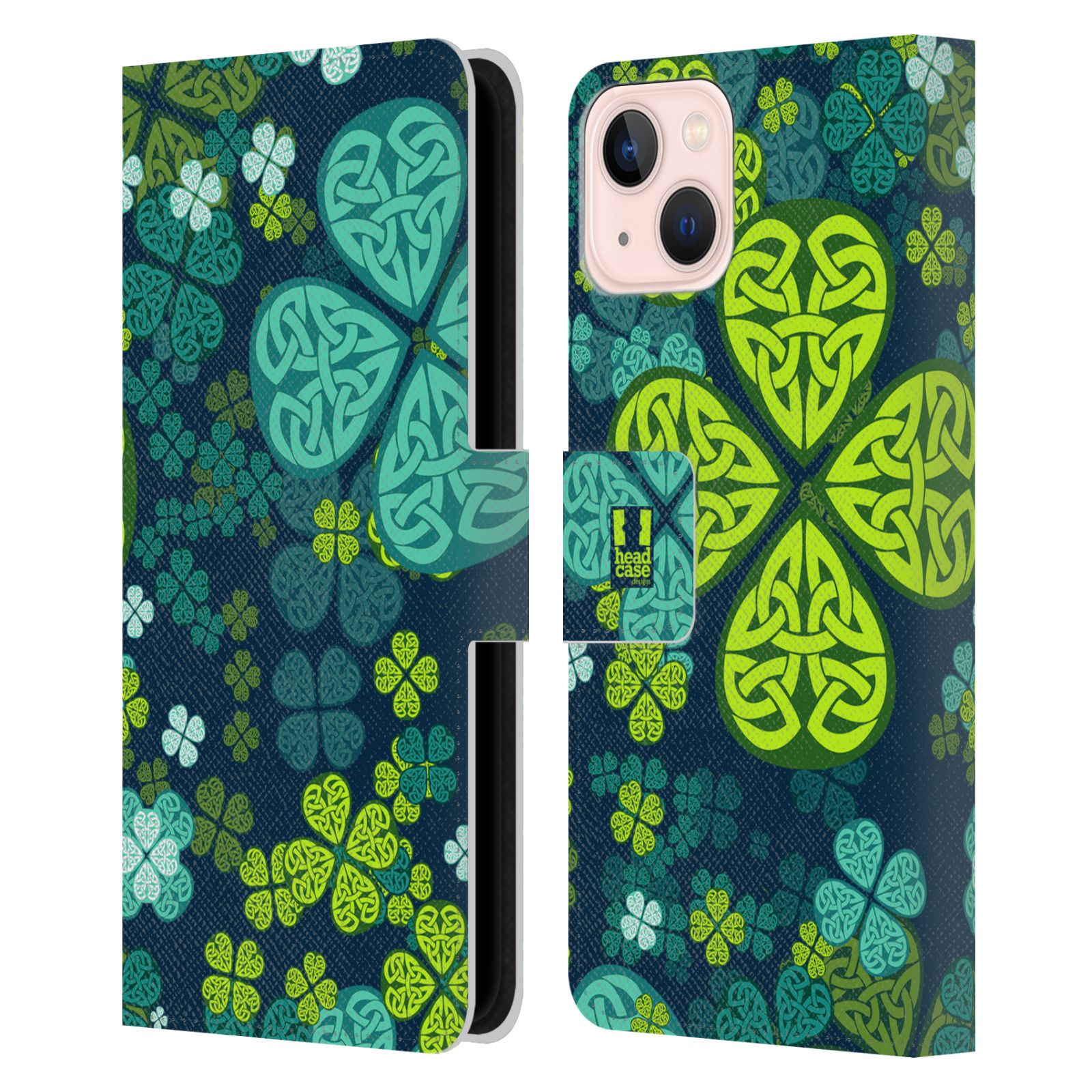 Pouzdro HEAD CASE na mobil Apple Iphone 13 čtyřlístek zářivě zelená keltský motiv