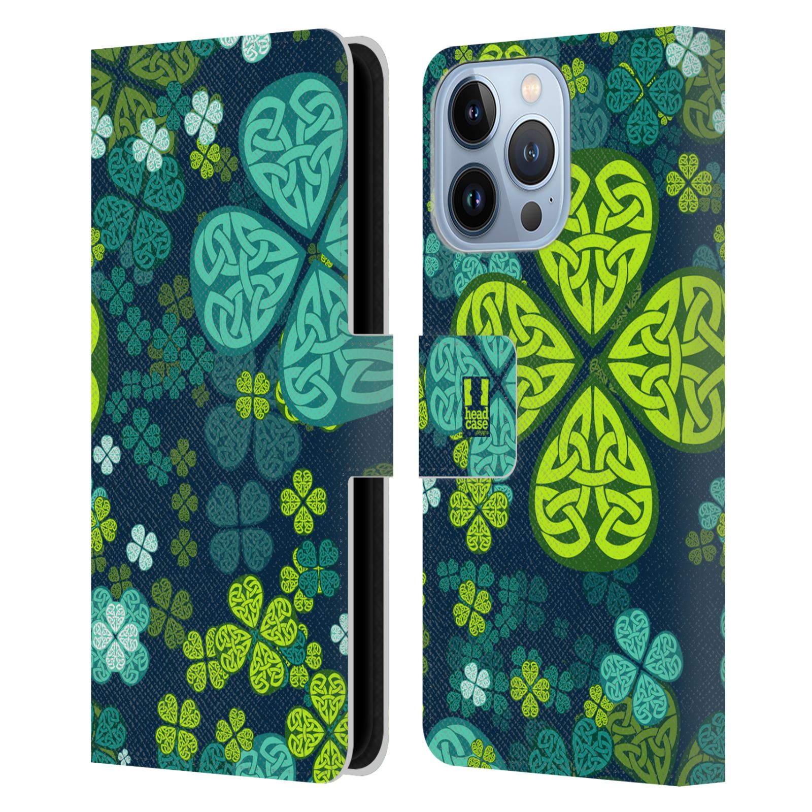Pouzdro HEAD CASE na mobil Apple Iphone 13 PRO čtyřlístek zářivě zelená keltský motiv