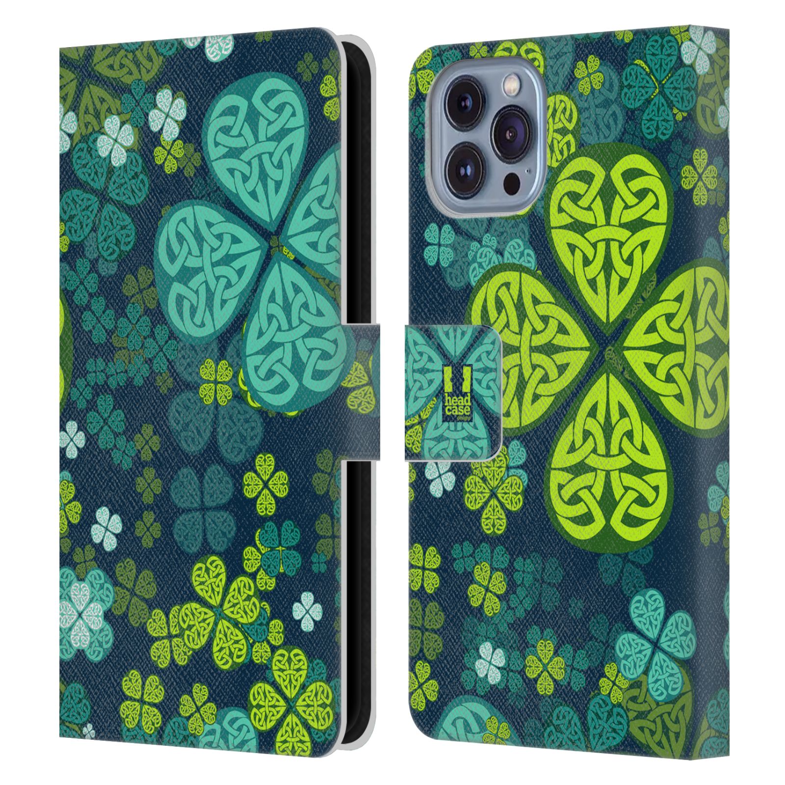 Pouzdro HEAD CASE na mobil Apple Iphone 14 čtyřlístek zářivě zelená keltský motiv