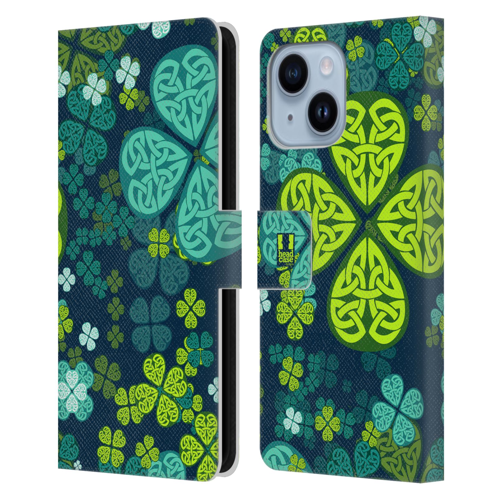 Pouzdro HEAD CASE na mobil Apple Iphone 14 PLUS čtyřlístek zářivě zelená keltský motiv