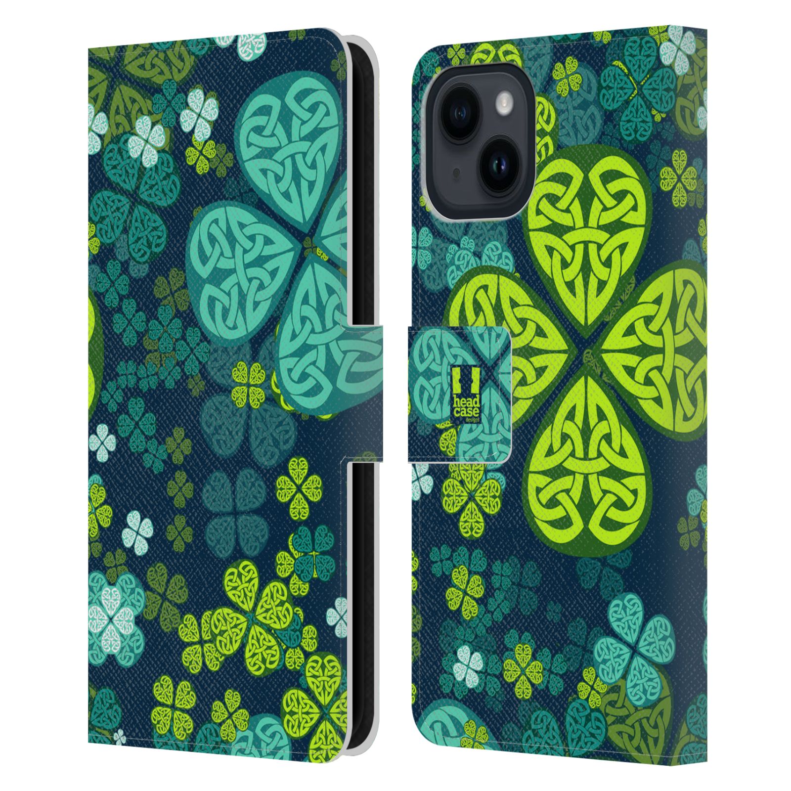 Pouzdro HEAD CASE na mobil Apple Iphone 15 čtyřlístek zářivě zelená keltský motiv