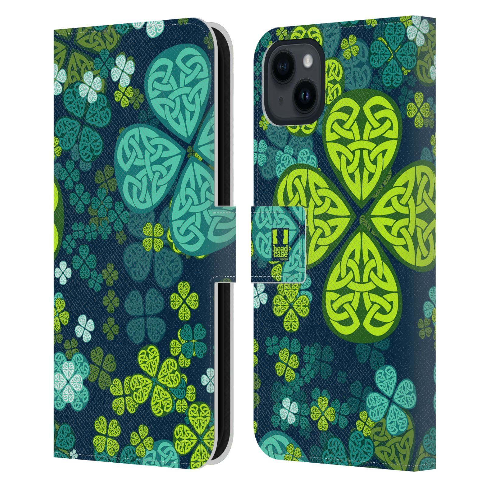Pouzdro HEAD CASE na mobil Apple Iphone 15 PLUS čtyřlístek zářivě zelená keltský motiv
