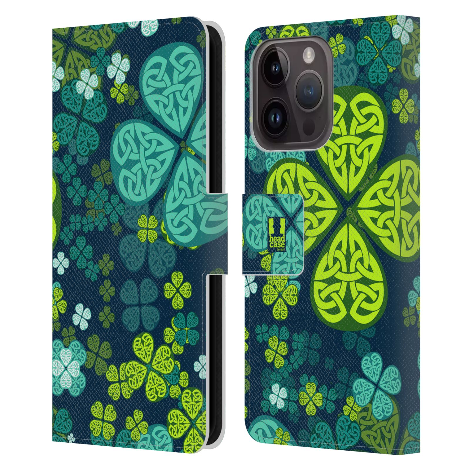 Pouzdro HEAD CASE na mobil Apple Iphone 15 PRO čtyřlístek zářivě zelená keltský motiv