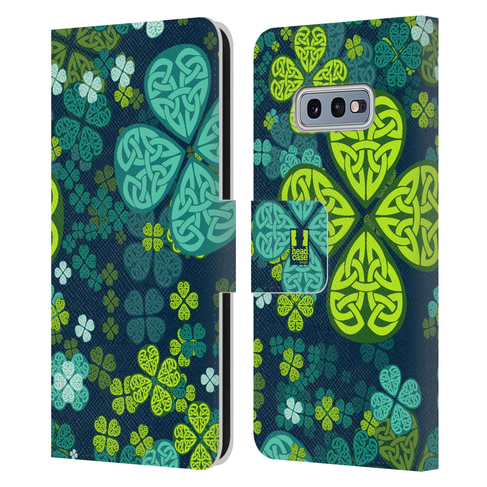 Pouzdro HEAD CASE na mobil Samsung Galaxy S10e čtyřlístek zářivě zelená keltský motiv