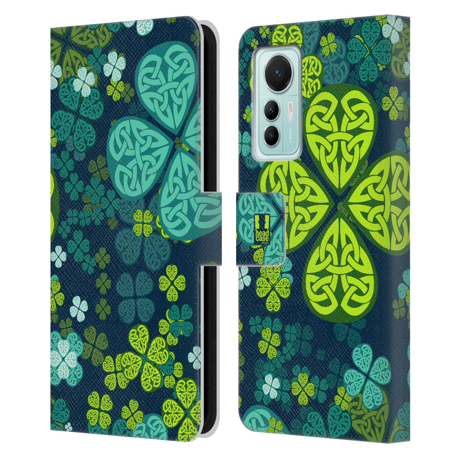 Pouzdro HEAD CASE na mobil Xiaomi 12 LITE čtyřlístek zářivě zelená keltský motiv
