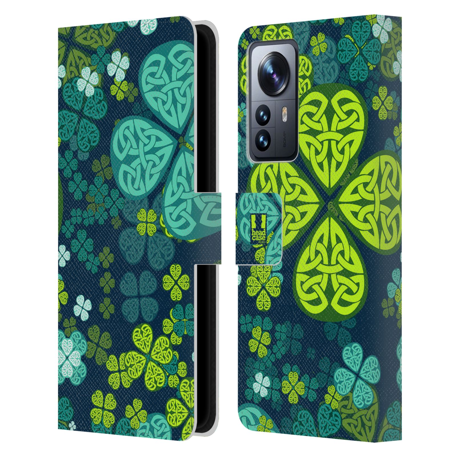 Pouzdro HEAD CASE na mobil Xiaomi 12 PRO čtyřlístek zářivě zelená keltský motiv