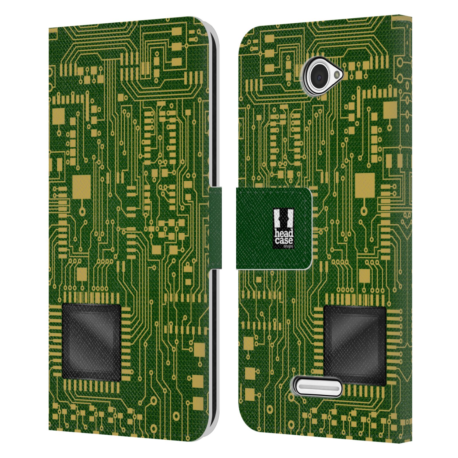 HEAD CASE Flipové pouzdro pro mobil SONY XPERIA E4 počítač základní deska zelená barva velký čip