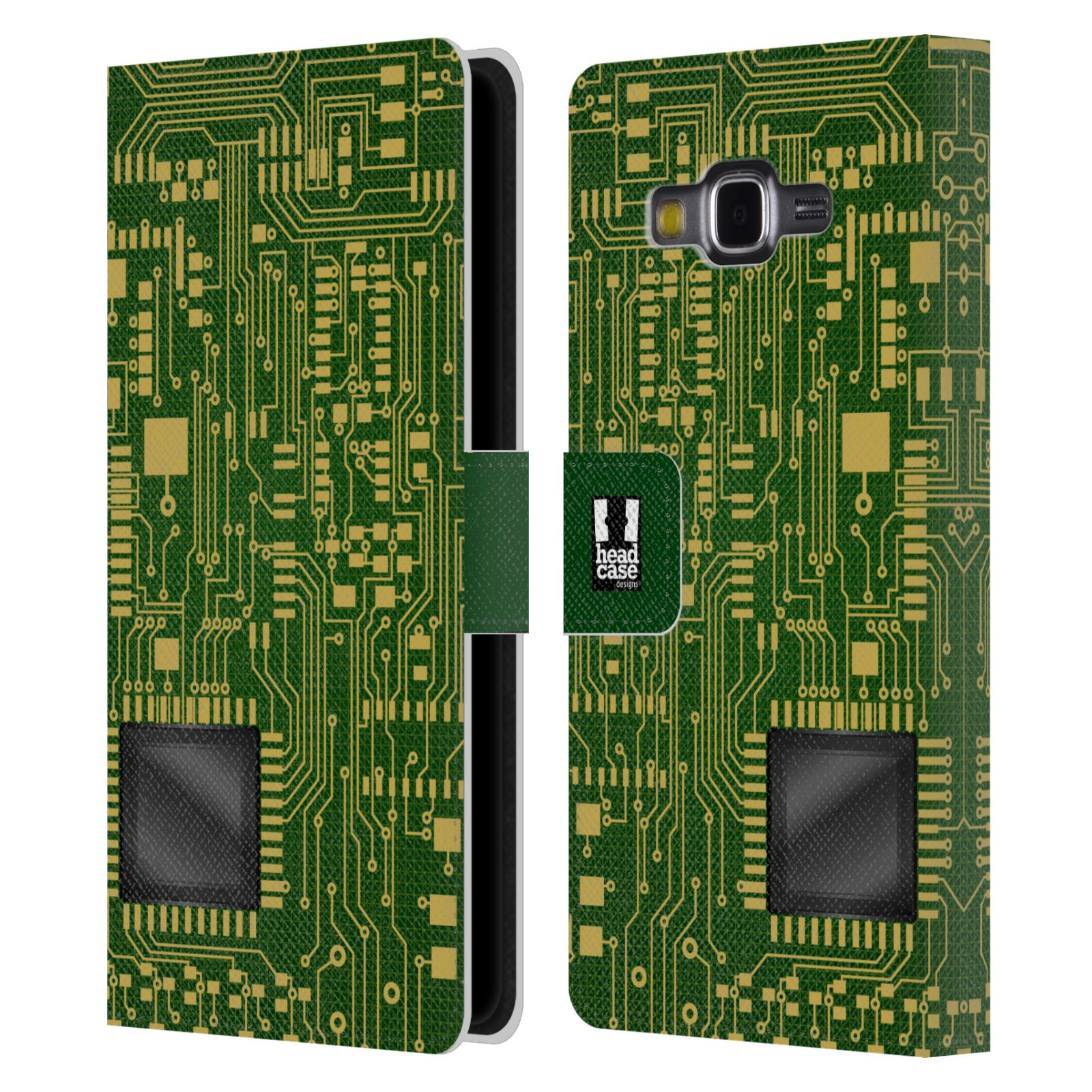 HEAD CASE Flipové pouzdro pro mobil Samsung Galaxy Grand PRIME počítač základní deska zelená barva velký čip