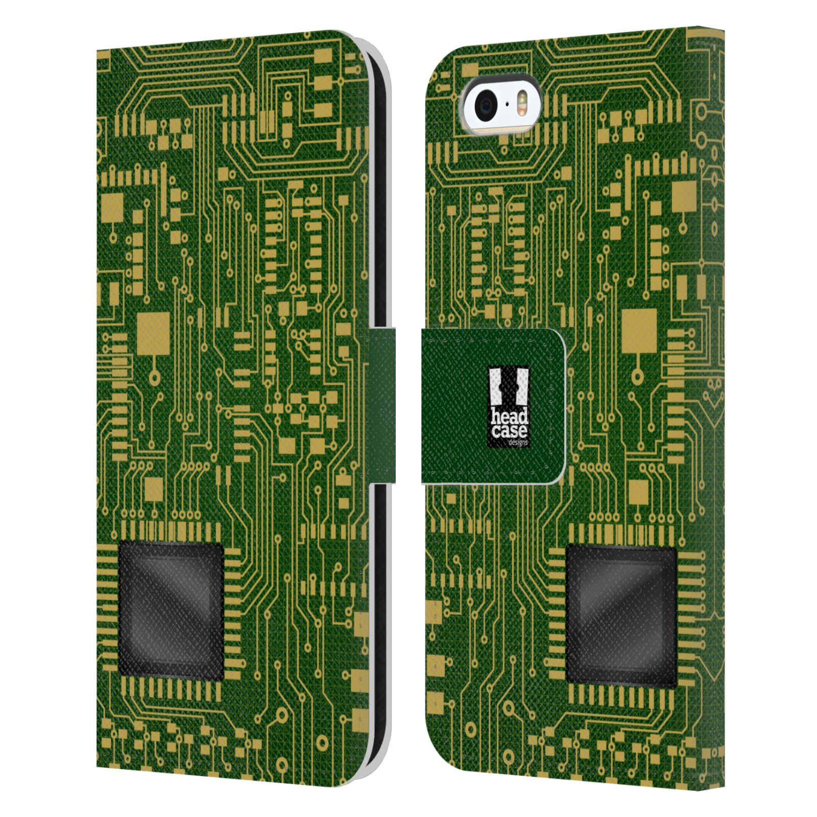 HEAD CASE Flipové pouzdro pro mobil Apple Iphone 5/5s počítač základní deska zelená barva velký čip