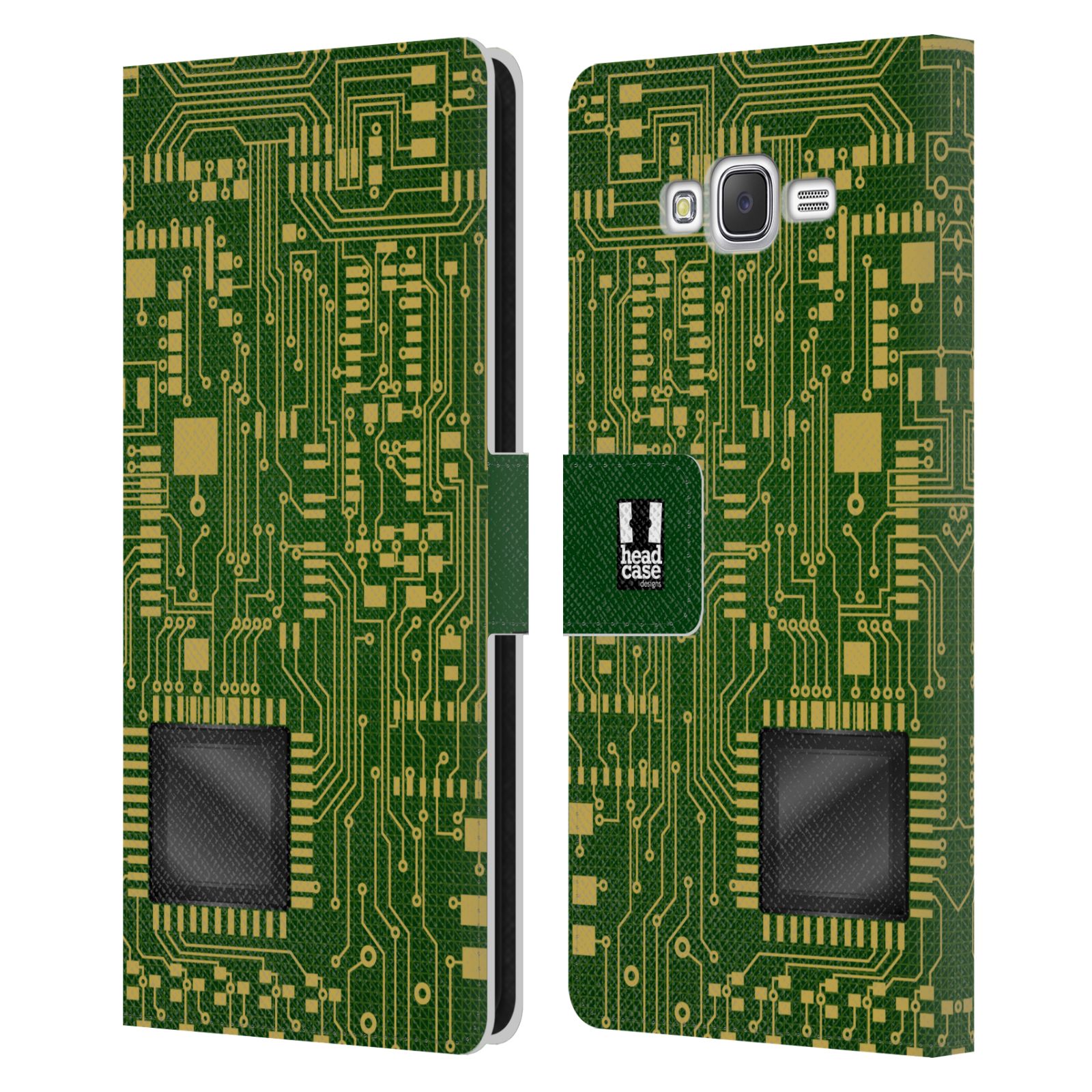 HEAD CASE Flipové pouzdro pro mobil Samsung Galaxy J7, J700 počítač základní deska zelená barva velký čip