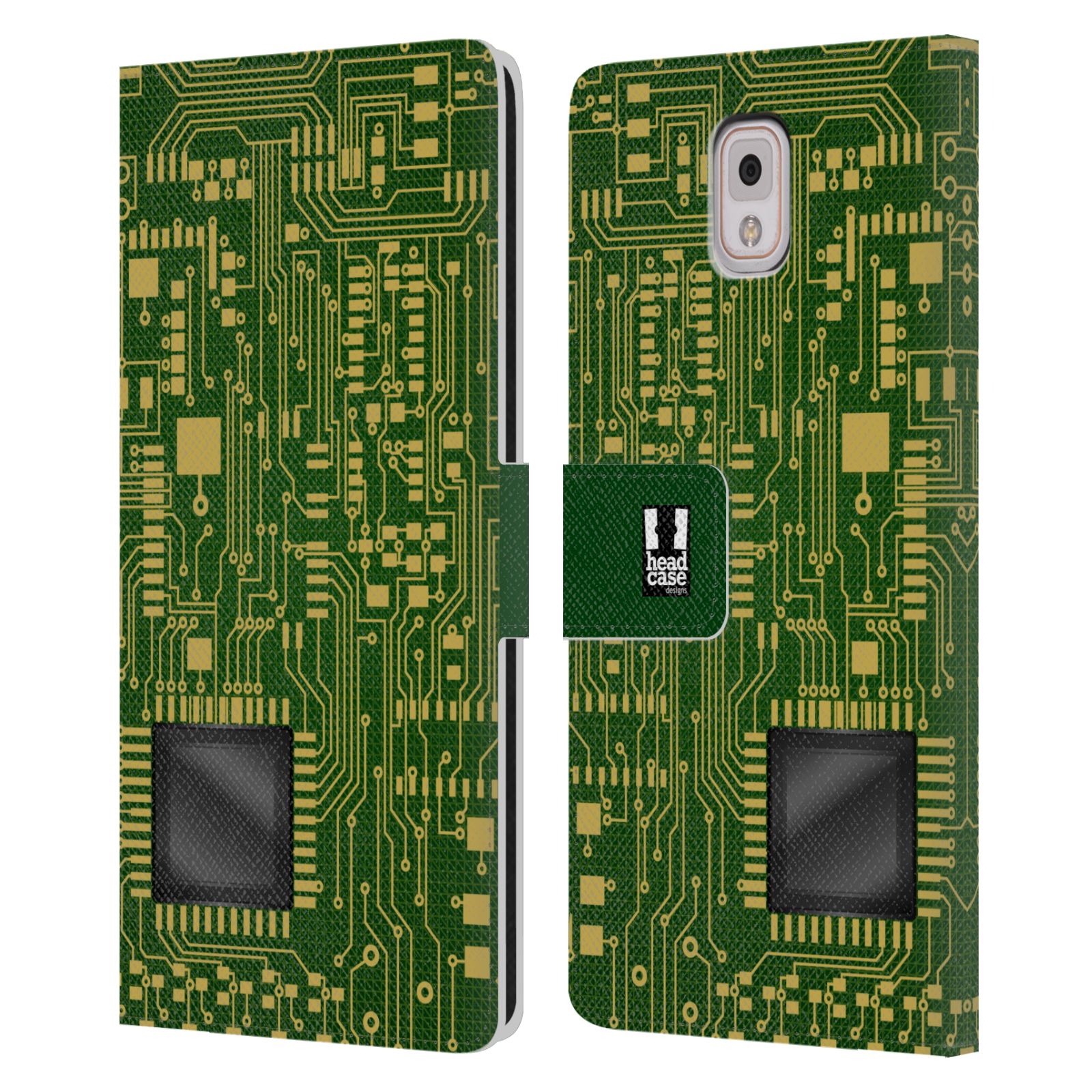 HEAD CASE Flipové pouzdro pro mobil Samsung Galaxy Note 3 N9005 počítač základní deska zelená barva velký čip