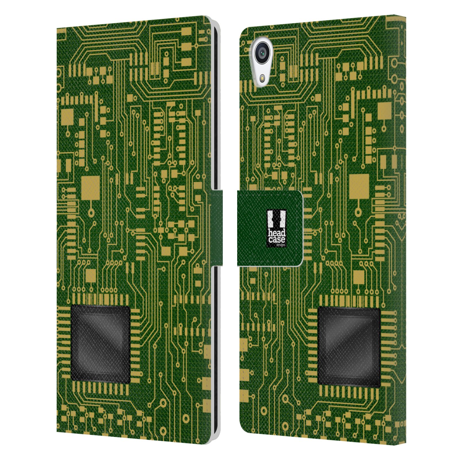 HEAD CASE Flipové pouzdro pro mobil SONY XPERIA Z5 PREMIUM počítač základní deska zelená barva velký čip