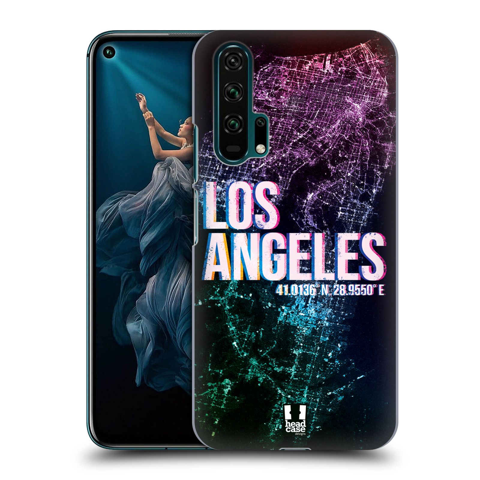 Pouzdro na mobil Honor 20 PRO - HEAD CASE - vzor Světla známých měst, Satelitní snímky fialová USA, LOS ANGELES