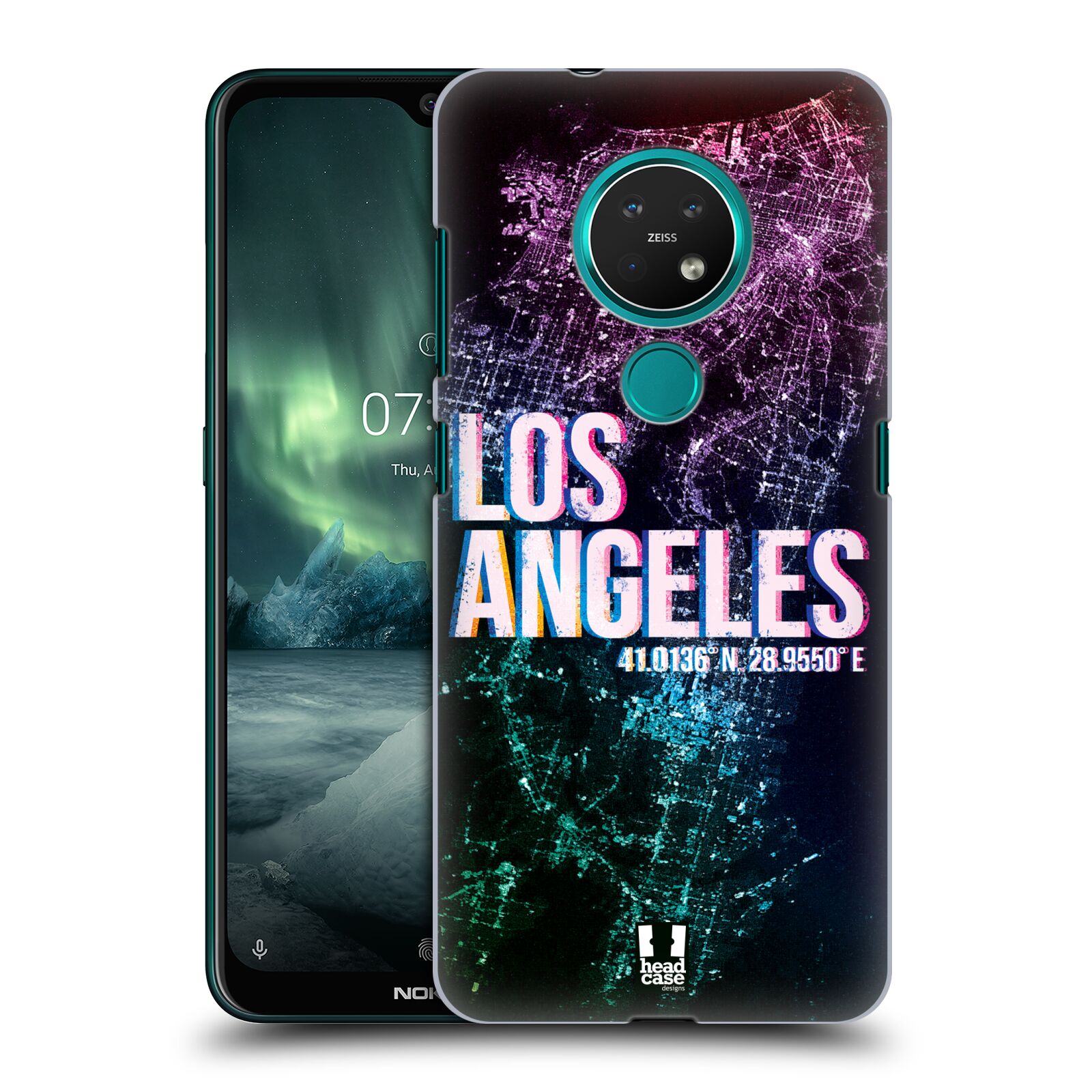 Pouzdro na mobil NOKIA 7.2 - HEAD CASE - vzor Světla známých měst, Satelitní snímky fialová USA, LOS ANGELES