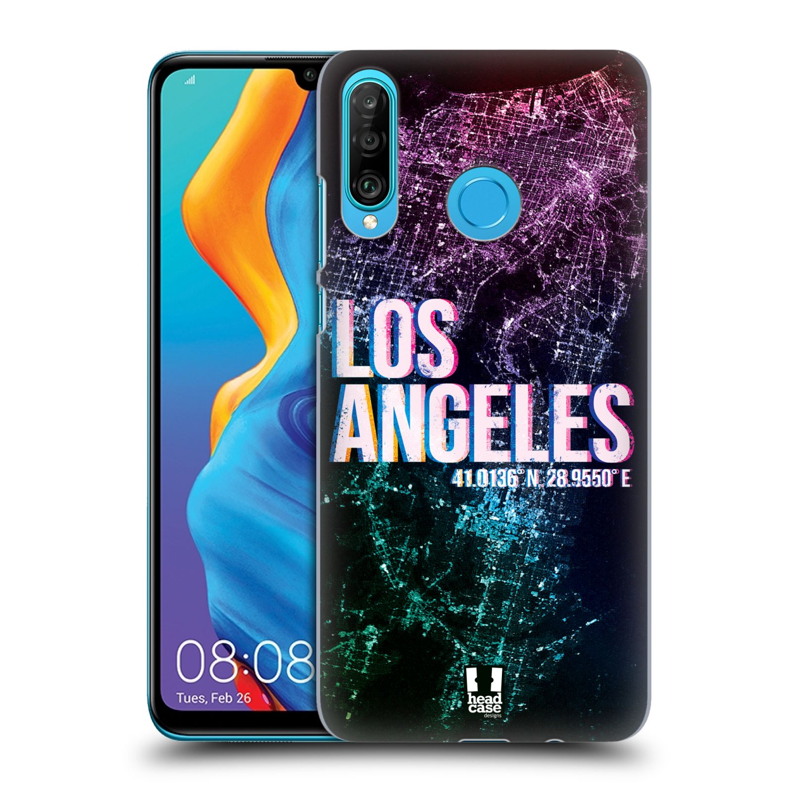 Pouzdro na mobil Huawei P30 LITE - HEAD CASE - vzor Světla známých měst, Satelitní snímky fialová USA, LOS ANGELES