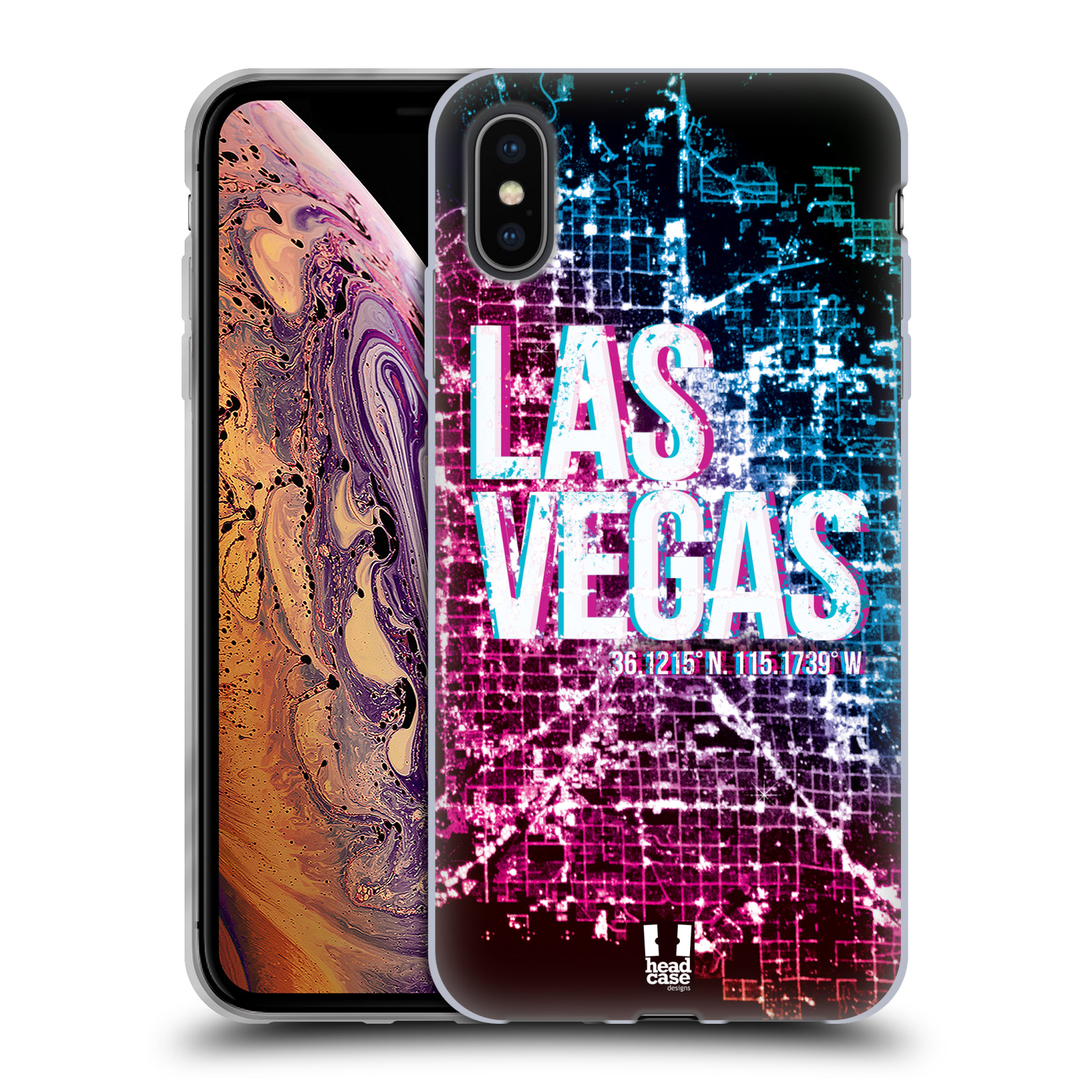 HEAD CASE silikon obal na mobil Apple Iphone XS MAX vzor Světla známých měst, Satelitní snímky fialová a modrá USA, LAS VEGAS