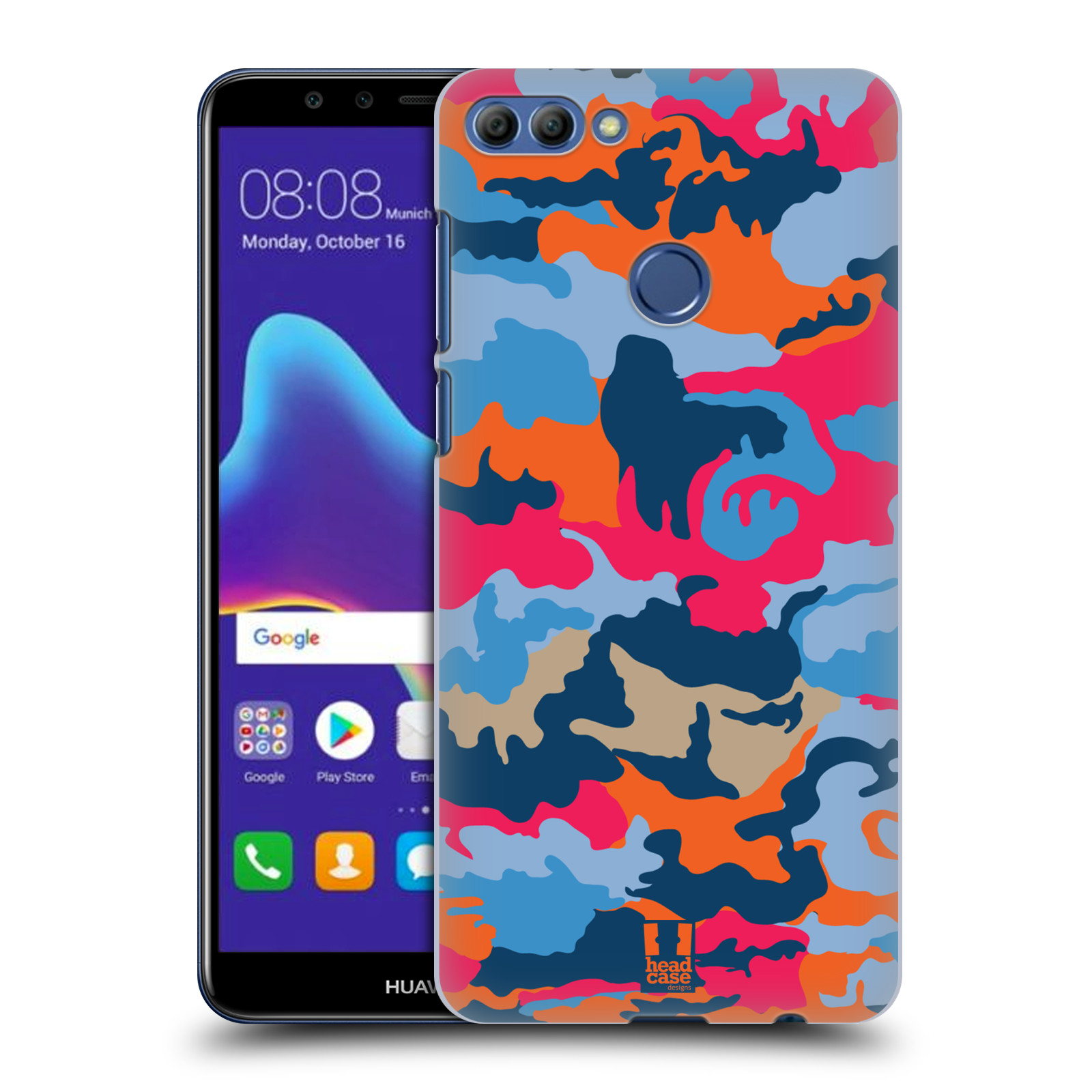 HEAD CASE plastový obal na mobil Huawei Y9 2018 vzor Barevná kamufláž ORANŽOVÁ A MODRÁ