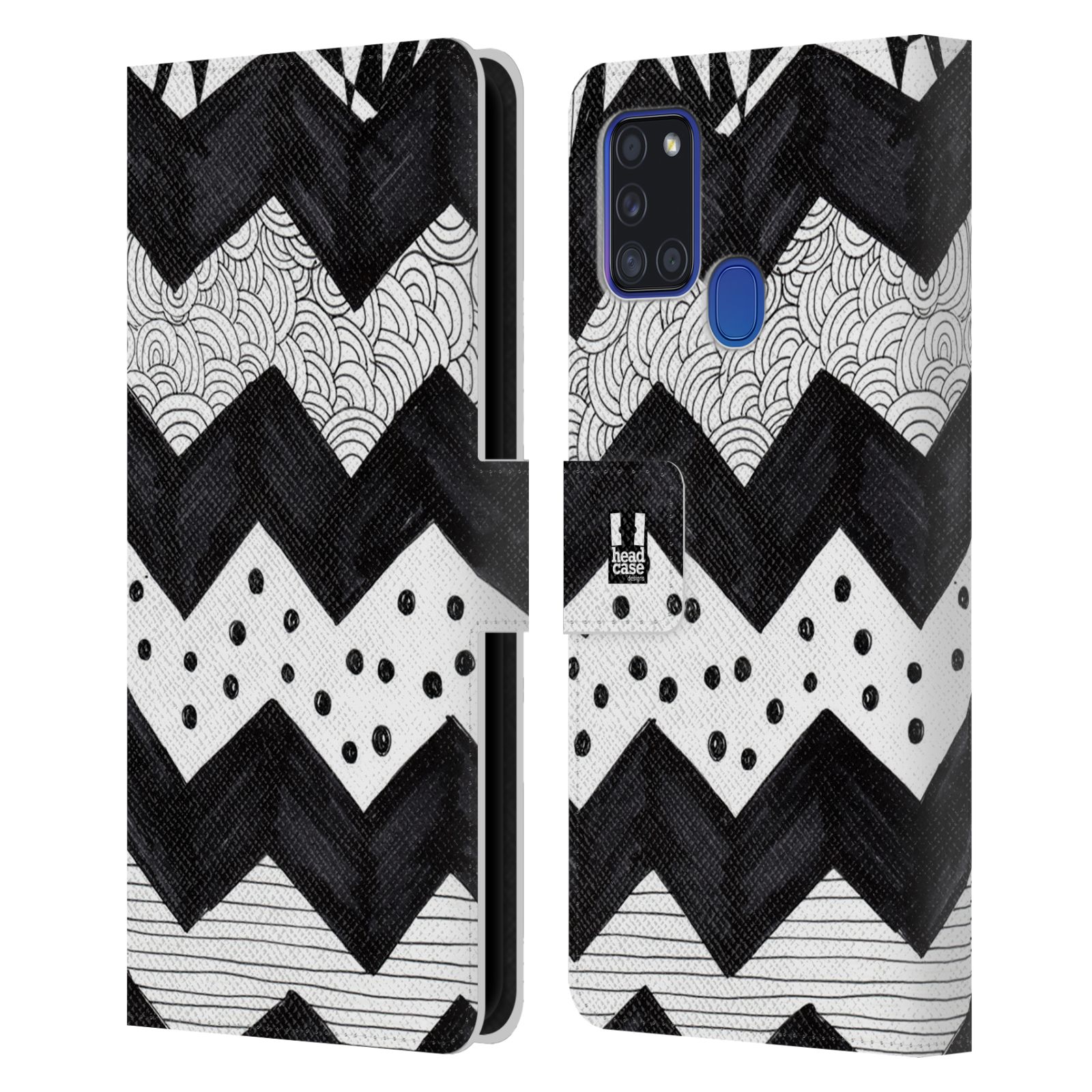 HEAD CASE Flipové pouzdro pro mobil Samsung Galaxy A21s kresba a čmáranice pruhy cik cak černá a bílá