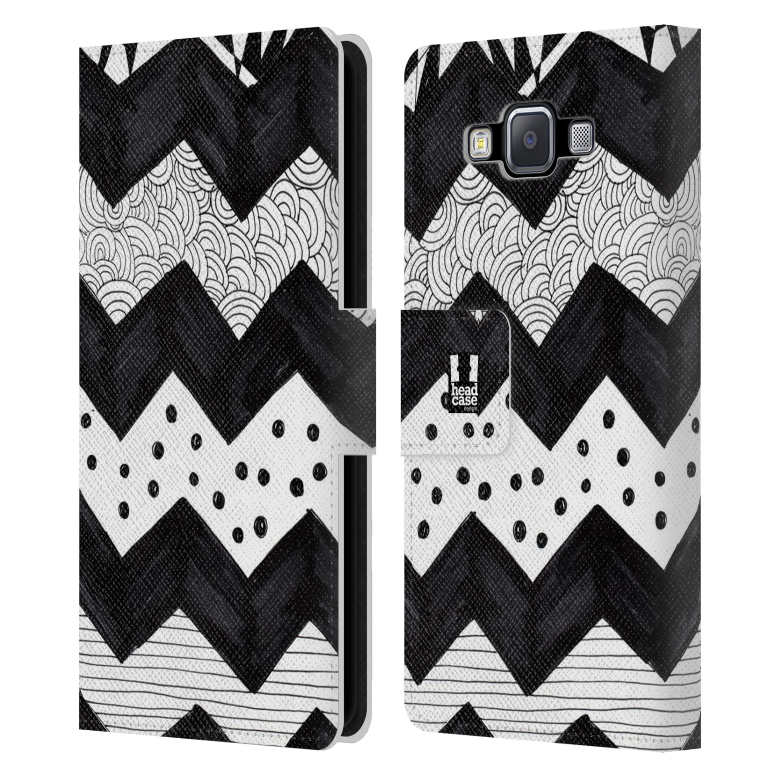 HEAD CASE Flipové pouzdro pro mobil Samsung Galaxy A5 kresba a čmáranice pruhy cik cak černá a bílá