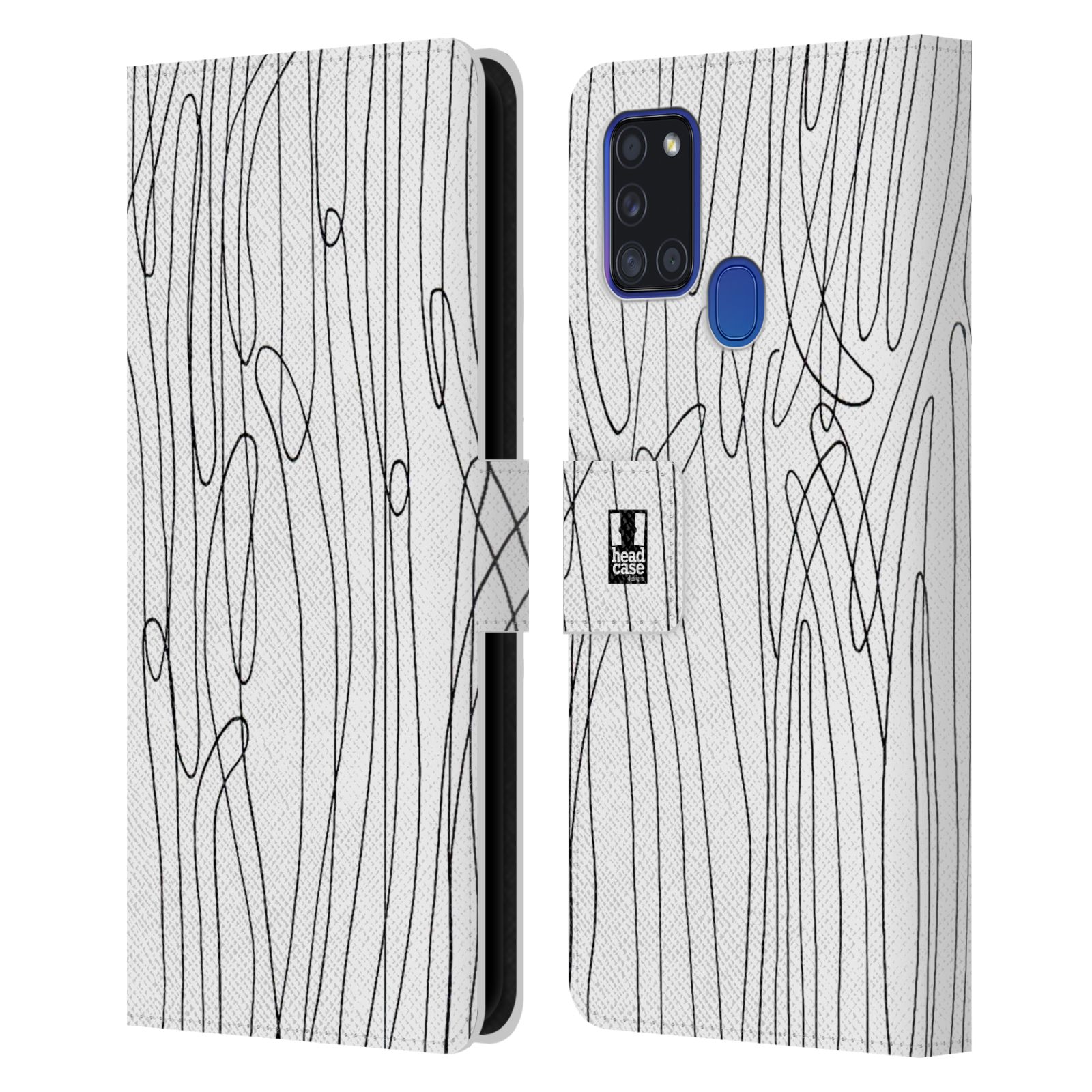 HEAD CASE Flipové pouzdro pro mobil Samsung Galaxy A21s kresba a čmáranice vlny černá a bílá
