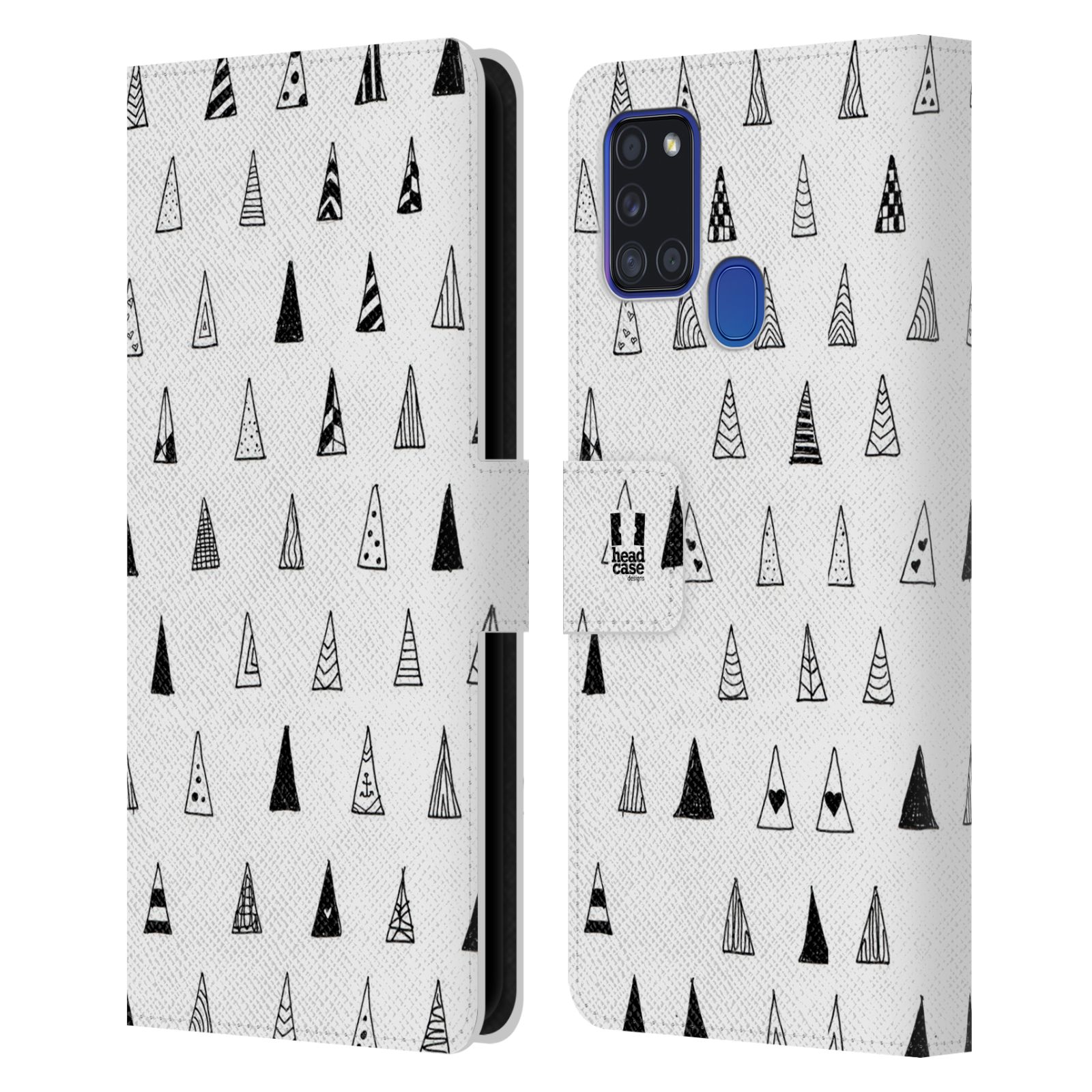 HEAD CASE Flipové pouzdro pro mobil Samsung Galaxy A21s kresba a čmáranice trojúhelníky černá a bílá