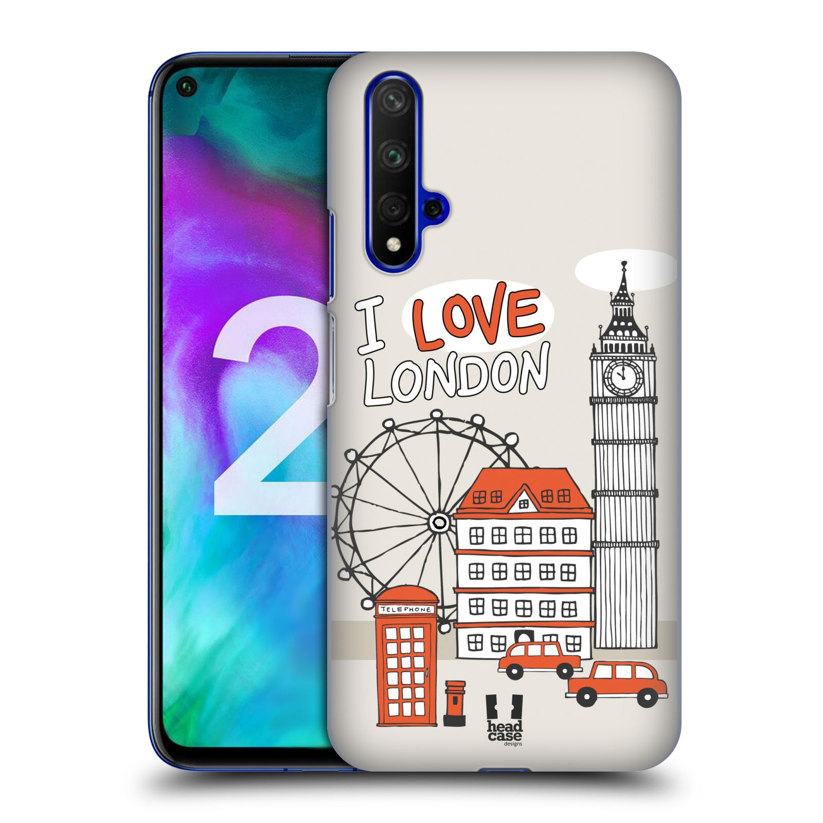 Pouzdro na mobil Honor 20 - HEAD CASE - vzor Kreslená městečka ČERVENÁ, Anglie, Londýn, I LOVE LONDON