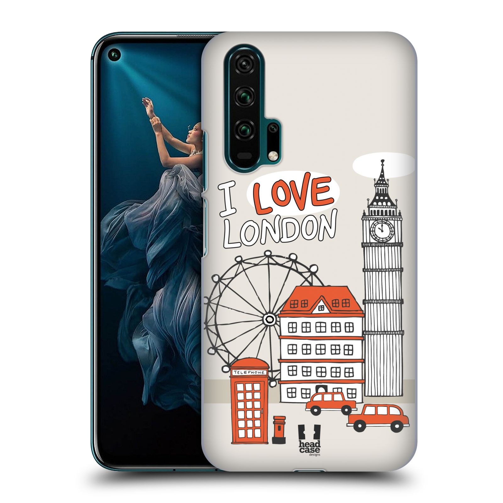 Pouzdro na mobil Honor 20 PRO - HEAD CASE - vzor Kreslená městečka ČERVENÁ, Anglie, Londýn, I LOVE LONDON