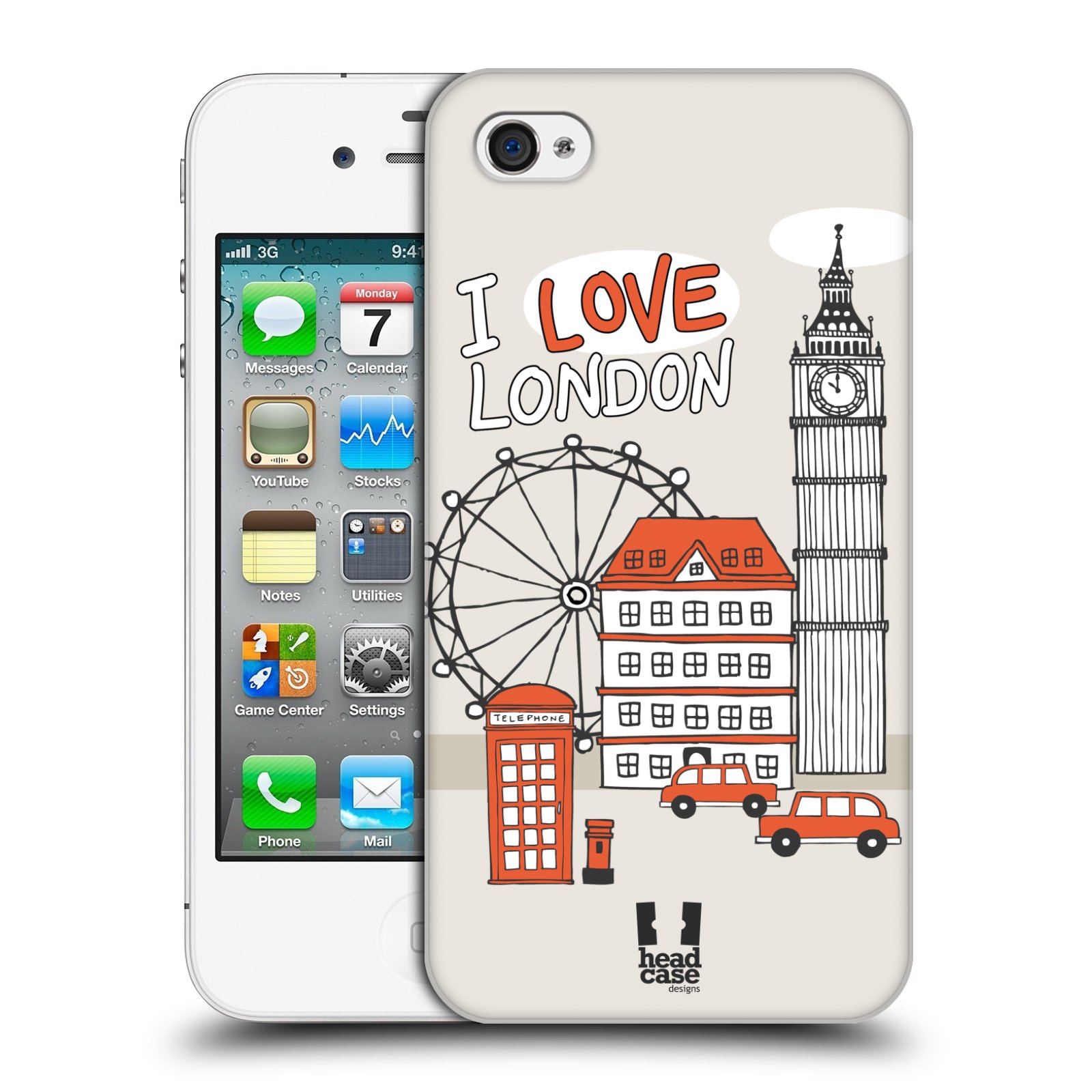 HEAD CASE plastový obal na mobil Apple Iphone 4/4S vzor Kreslená městečka ČERVENÁ, Anglie, Londýn, I LOVE LONDON