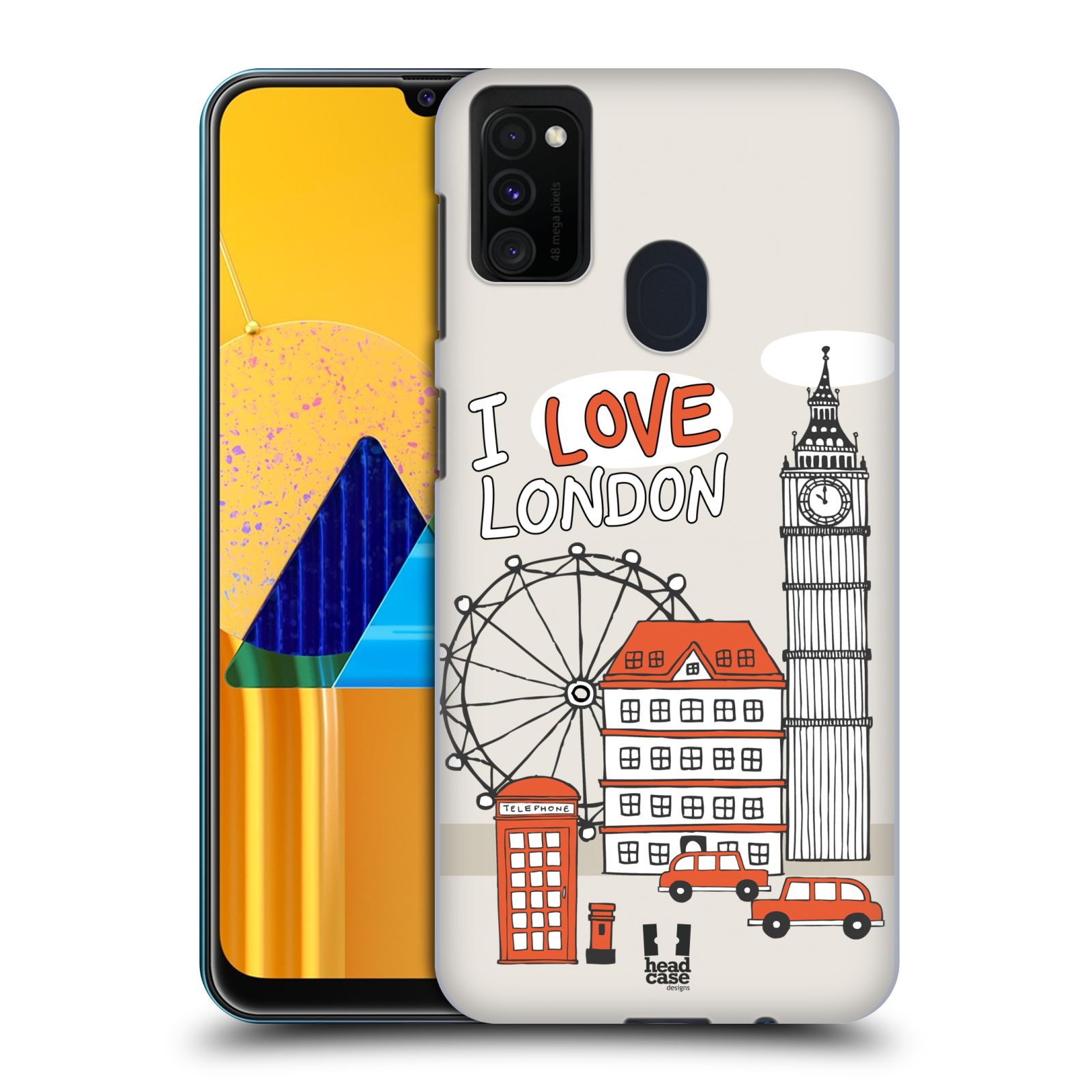 Zadní kryt na mobil Samsung Galaxy M21 vzor Kreslená městečka ČERVENÁ, Anglie, Londýn, I LOVE LONDON