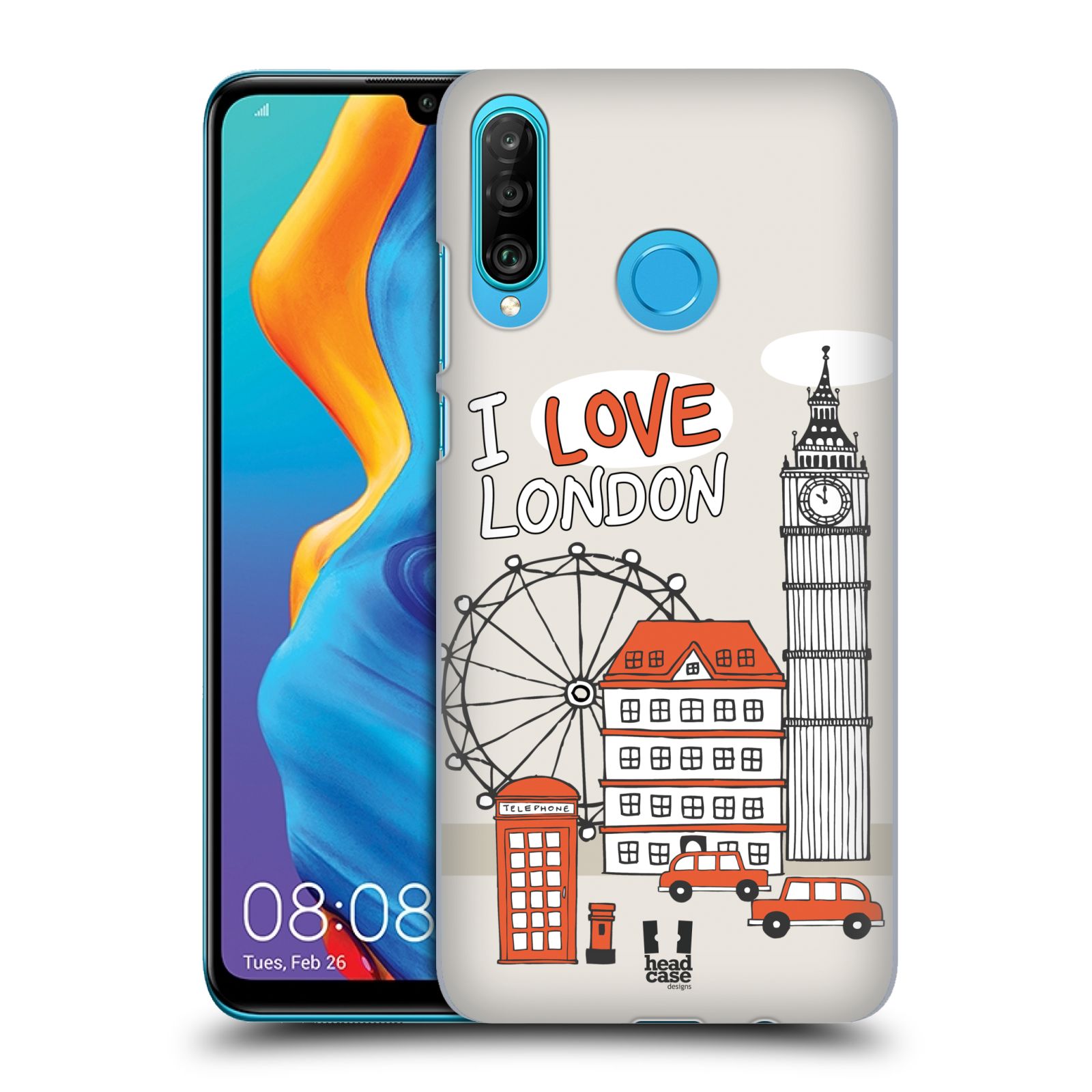 Pouzdro na mobil Huawei P30 LITE - HEAD CASE - vzor Kreslená městečka ČERVENÁ, Anglie, Londýn, I LOVE LONDON