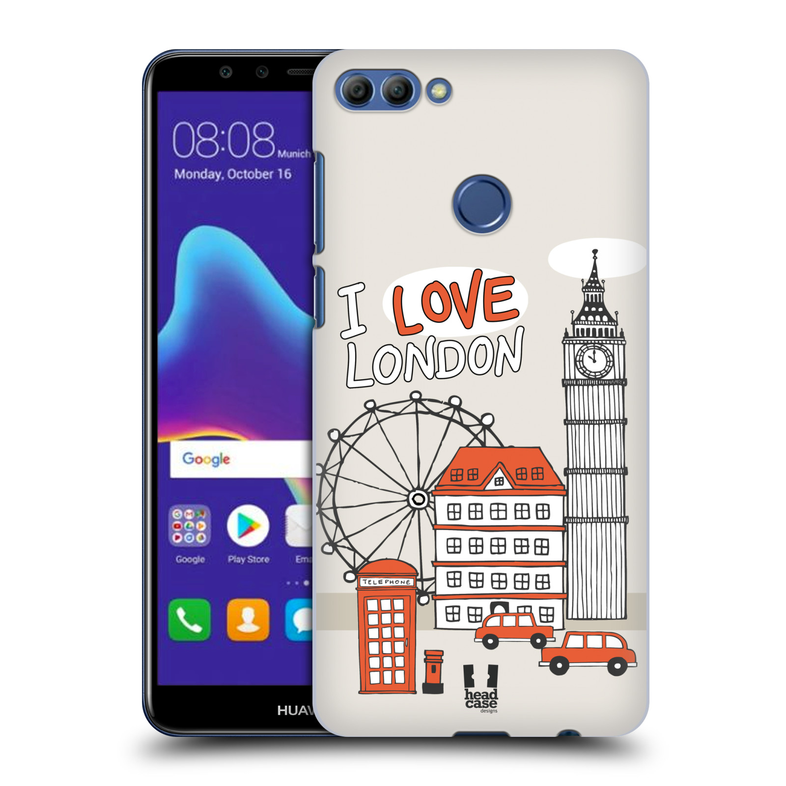HEAD CASE plastový obal na mobil Huawei Y9 2018 vzor Kreslená městečka ČERVENÁ, Anglie, Londýn, I LOVE LONDON